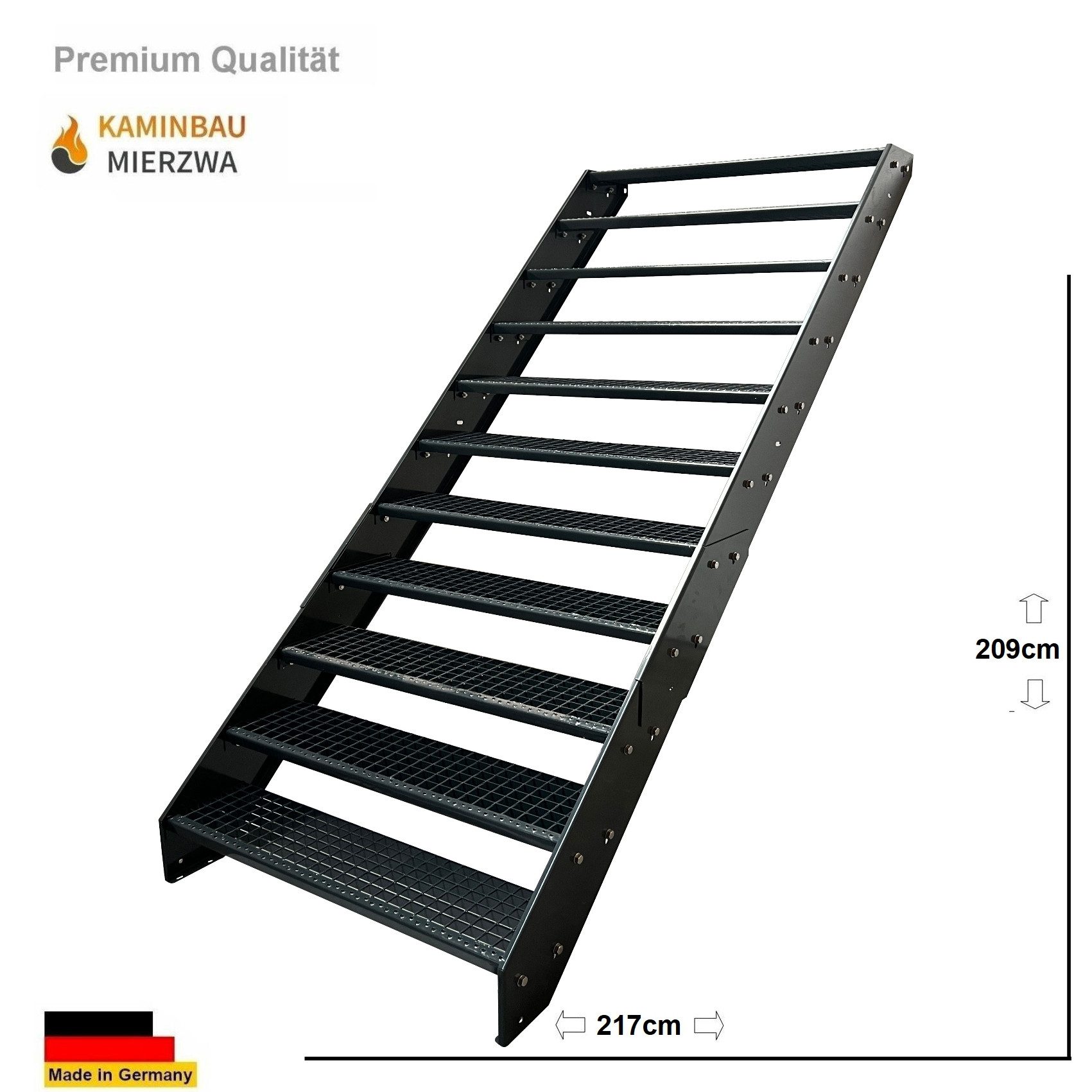 Kaminbau Mierzwa Außentreppe Stahltreppe 11 Stufen Anthrazit mit und ohne Geländer Höhe 209 cm, für Geschosshöhen bis 209 cm, Stufen Gitterroststufen nach DIN 24531, (Stufenbreite und Geländerart wählbar), Aus Premium Materialien hergestellt