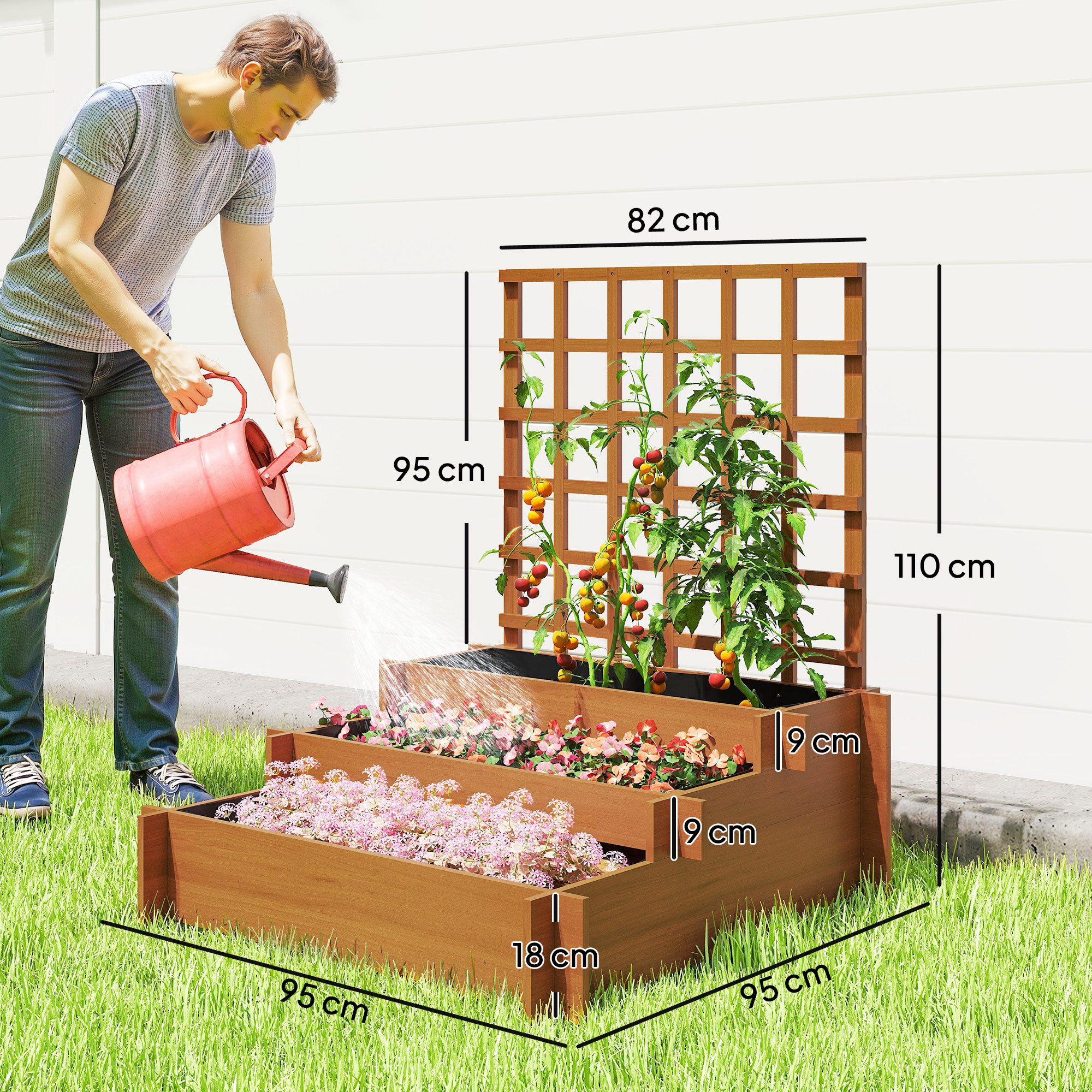 Outsunny Hochbeet Pflanzkasten, Kräuterbeet mit Rankhilfe und Vliesstoff (Gemüsebeet, 1 St., 3-stufig Blumenkasten), für Garten, Balkon, Tannenholz, Braun, 95 x 95 x 110 cm