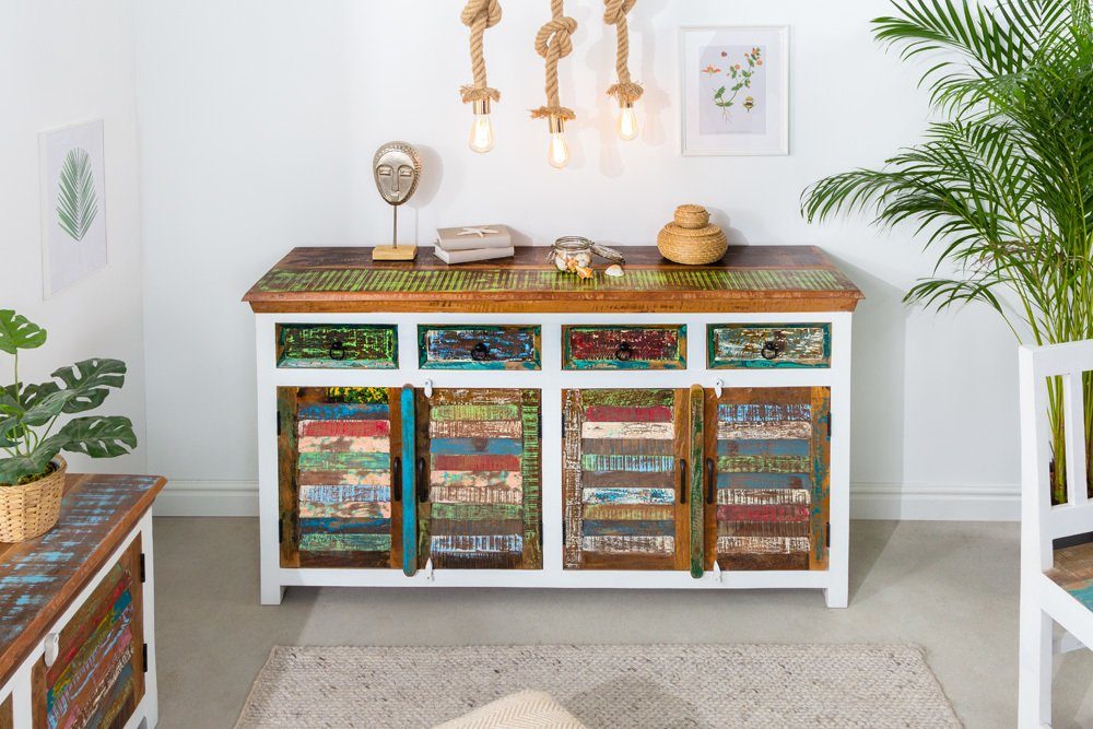 riess-ambiente Sideboard JAKARTA 160cm weiß / natur / bunt (1 St), Wohnzimmer · Massivholz · Kommode · Landhausstil