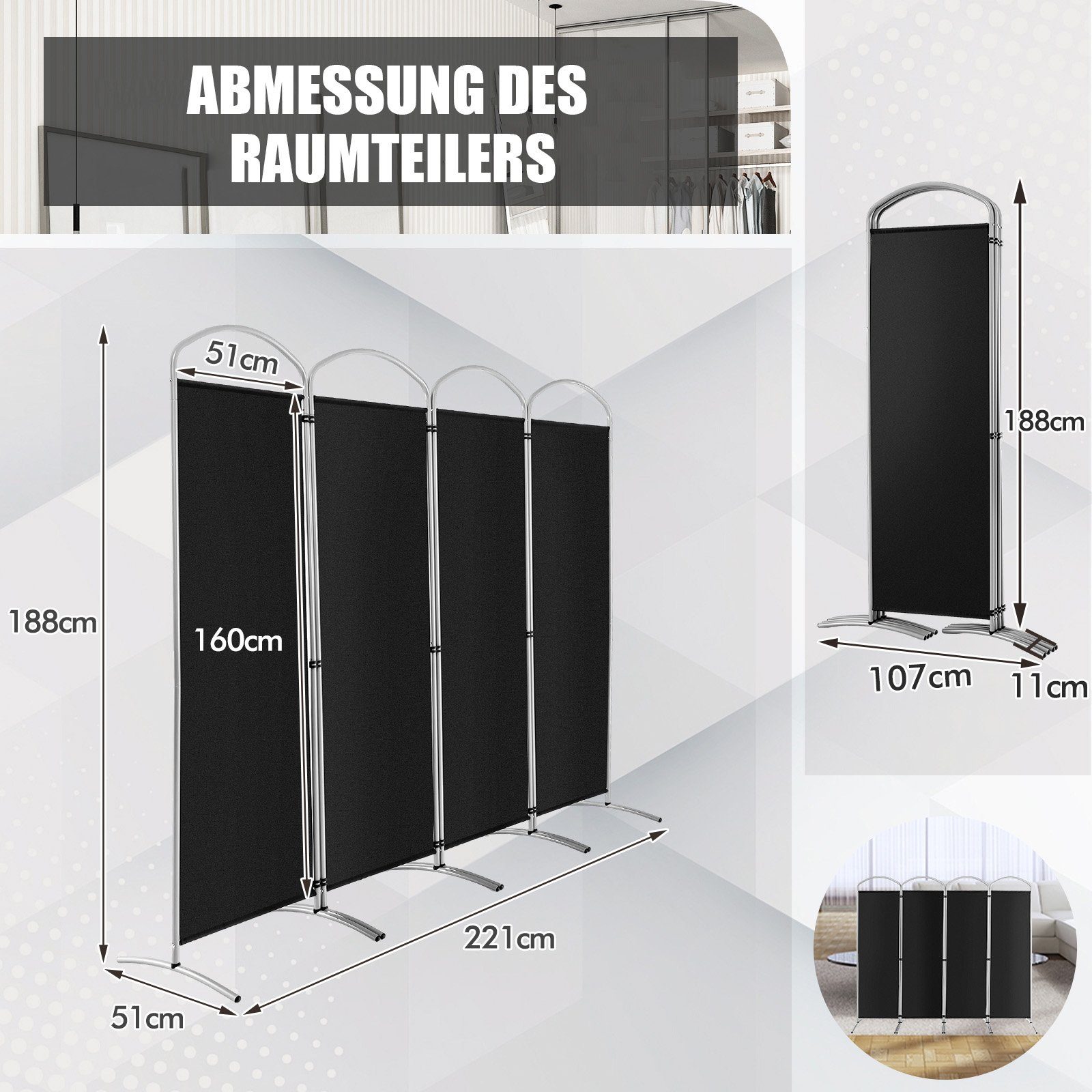 COSTWAY Paravent, 4 teilig, Raumteiler faltbar 221 & schwarz 188cm x abnehmbar