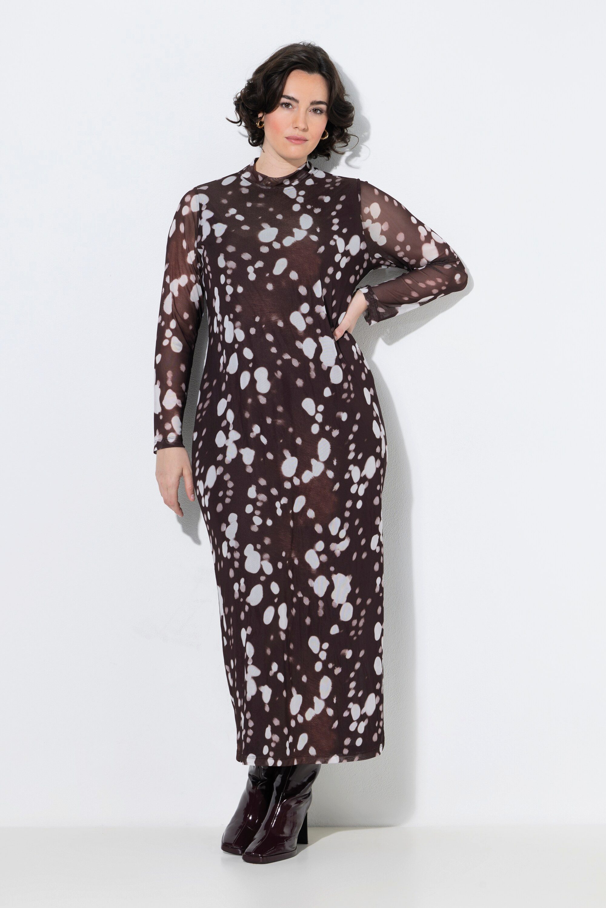 Ulla Popken Maxikleid Maxikleid Mesh Punkte Stehkragen Langarm