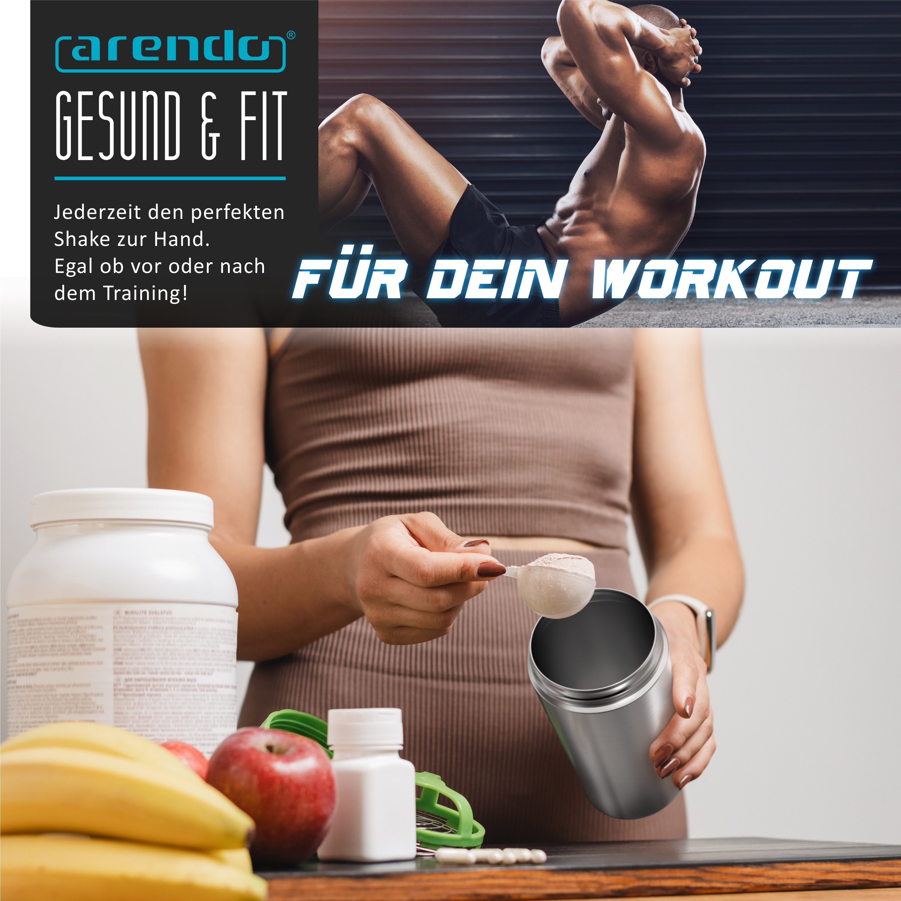 Arendo Protein Shaker Edelstahl Eiweißshaker 750 ml, verschließbar, spülmaschinengeeignet, Edelstahl, Mixbecher, Tragegriff, BPA-frei, für unterwegs, Yoga, Finess, Sport