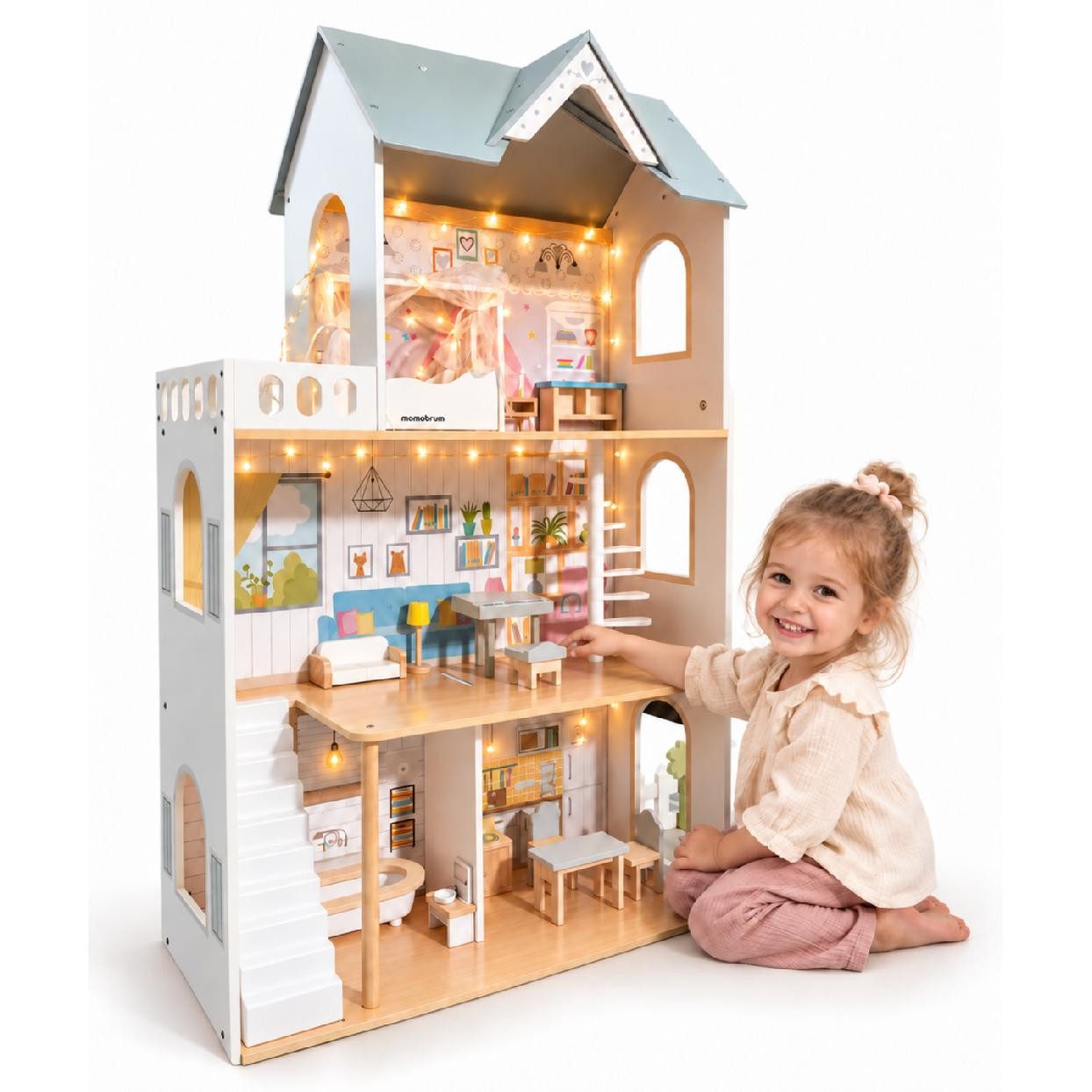Mamabrum Puppenhaus Mamabrum Großes Puppenhaus aus Holz mit 3 Etagen, Garten und Möbeln