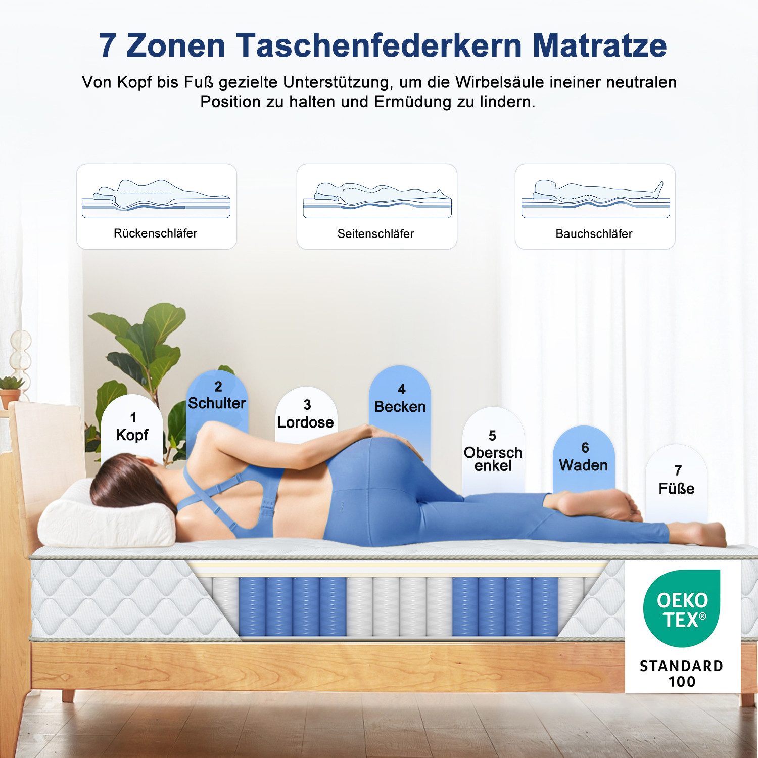 Taschenfederkernmatratze Matratze 90x200, 7-Zonen Federkernmatratze 90x200 günstig online kaufen