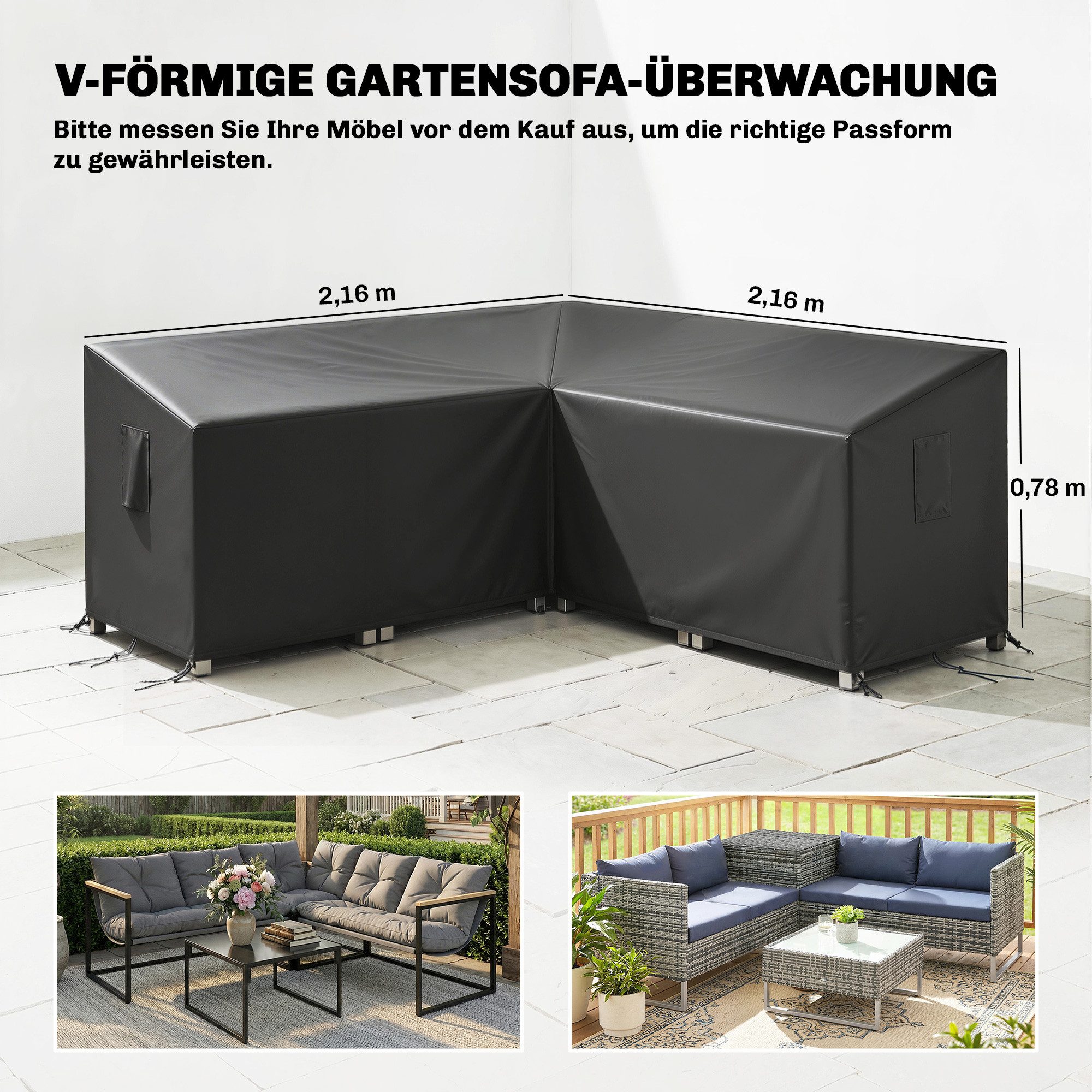 Outsunny Gartenmöbel-Schutzhülle V-förmig Anti-UV Winddicht Abdeckhaube (Winterfest Abdeckung, 1-St., Wasserdicht Abdeckplane), für Gartentische Terrassenmöbel 216 x 216 x 78 cm Schwarz