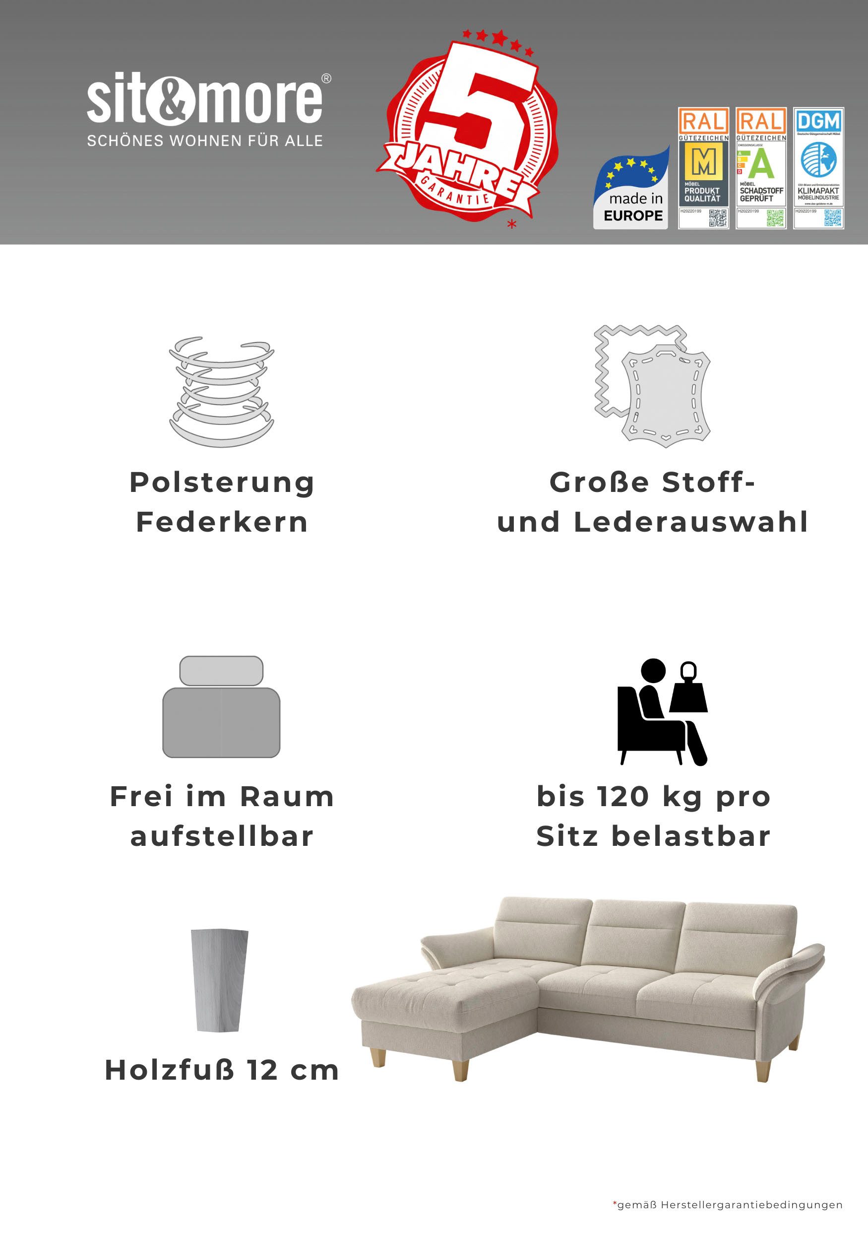 sit&more Wohnlandschaft Pamela U-Form, B: 292 cm, optional Schlaffunktion & Armteilverstellung, mit Federkern