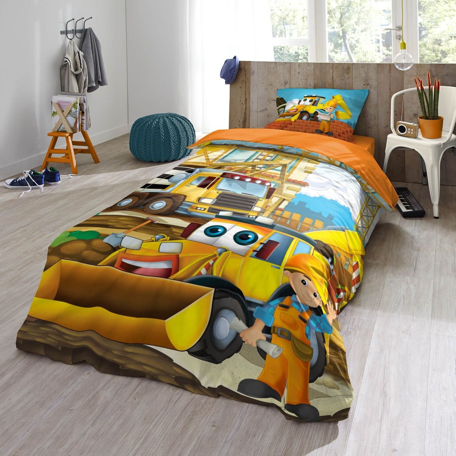 ESPiCO Kinderbettwäsche Baustelle Trendy Bedding, Renforcé, 2 teilig, Bauarbeiter, Bagger, Betonmischer