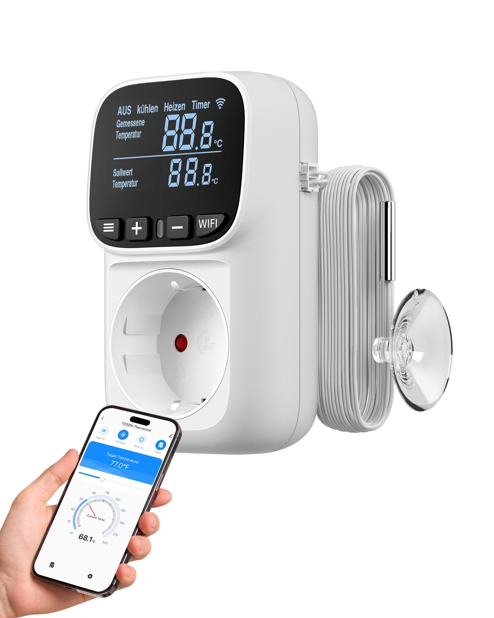 DEWENWILS Steckdosen-Thermostat Temperaturregler, Deutsches Display, WiFi Temperaturschalter mit Fühler, App Steuerung, LCD-Display