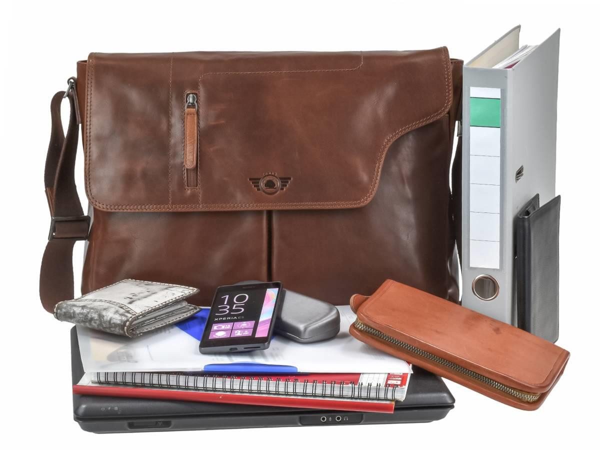 Greenburry Umhängetasche "Waxy Vintage" Leder Schultertasche Messenger für Damen und Herren, Hauptfach 38x30cm, Notebookfach 34x23cm, 160cm Schultergurt