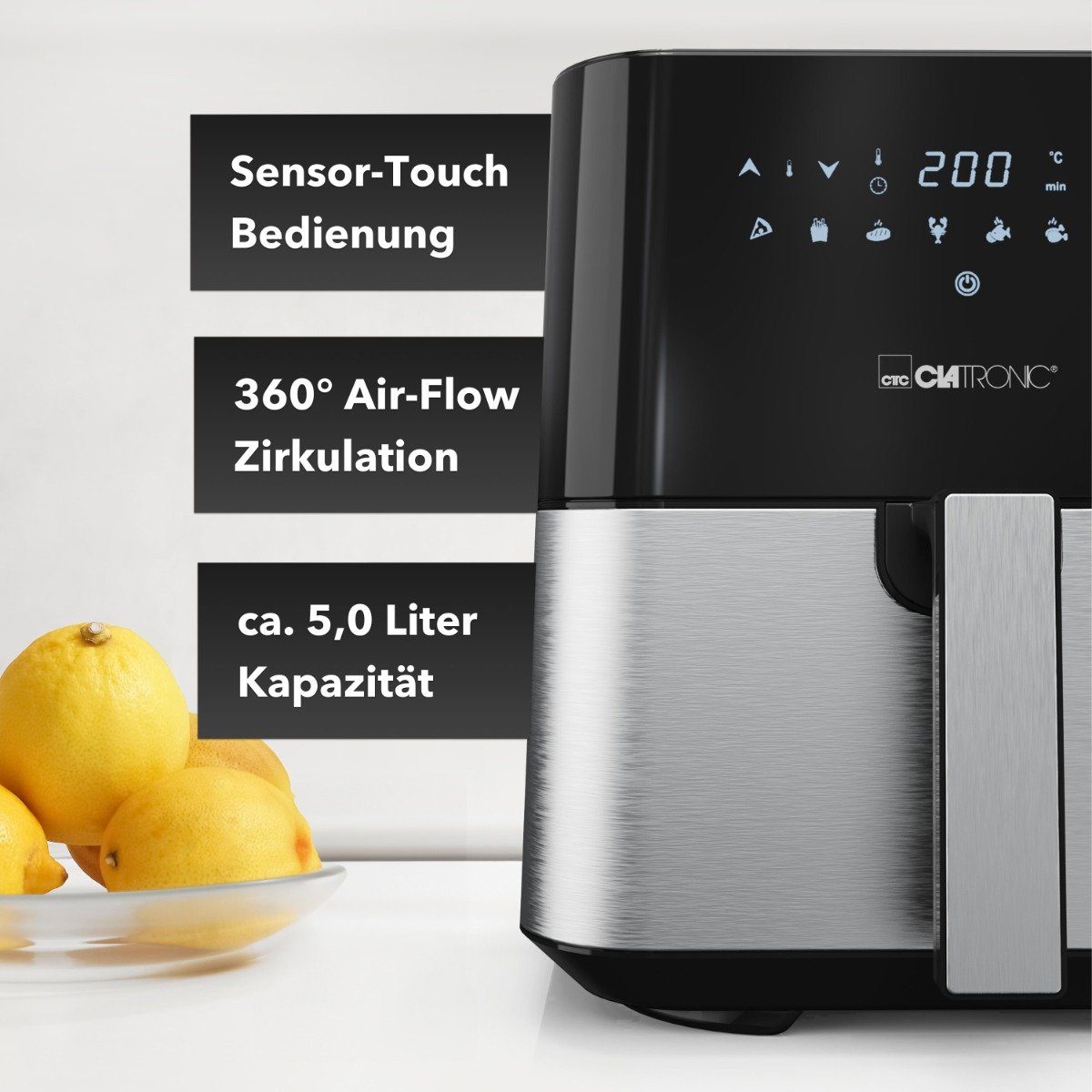 CLATRONIC Heißluftfritteuse FR 3782 H, XXL 5L, 360° Air-Flow, 8 Programme, 1450W