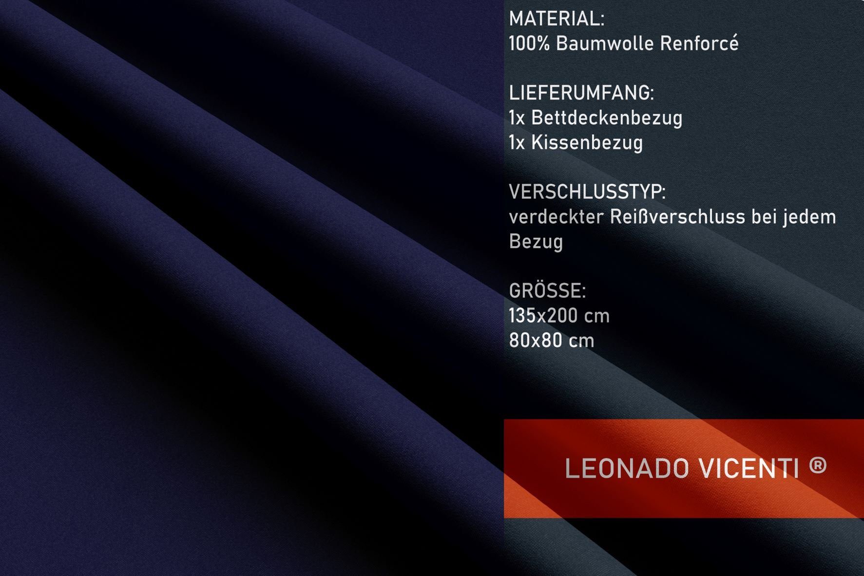 Leonado Vicenti Bettwäsche Baumwolle 135x200, 155x200, 155x220, 200x200, 200x220 oder 240x220, Renforcé, 2 teilig, Einfarbig mit Reißverschluss – Bild 4 von 5