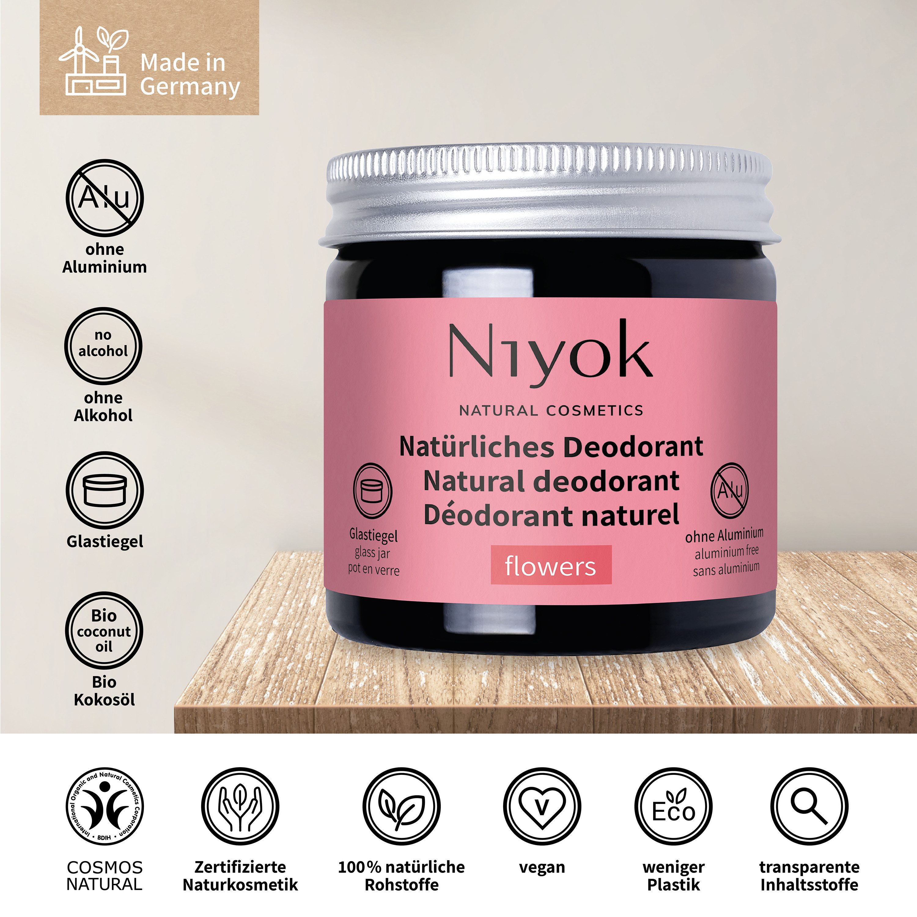 Niyok Deo-Creme 2-in-1 anti-transpirant, Schutz vor Geruch & Schweiß, ohne Alluminium, Flowers, Deodorant Creme Unisex, Feste Deo Creme, vegan