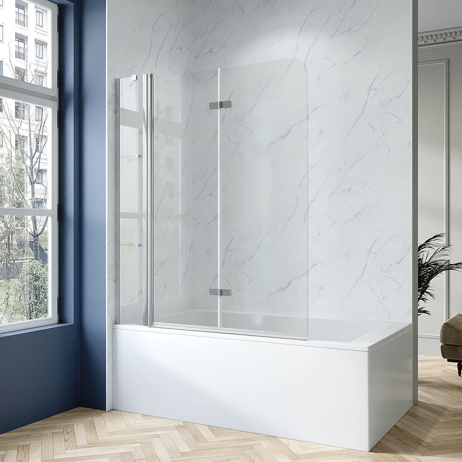 AQUABATOS Badewannenaufsatz Badewannenaufsatz Duschwand Duschabtrennung faltbar mit Duschablagen, 5 mm Einscheiben-Sicherheitsglas (ESG) mit Nanobeschichtung, Lotuseffekt,großer Verstellbereich,mit Acryl- Duschablage