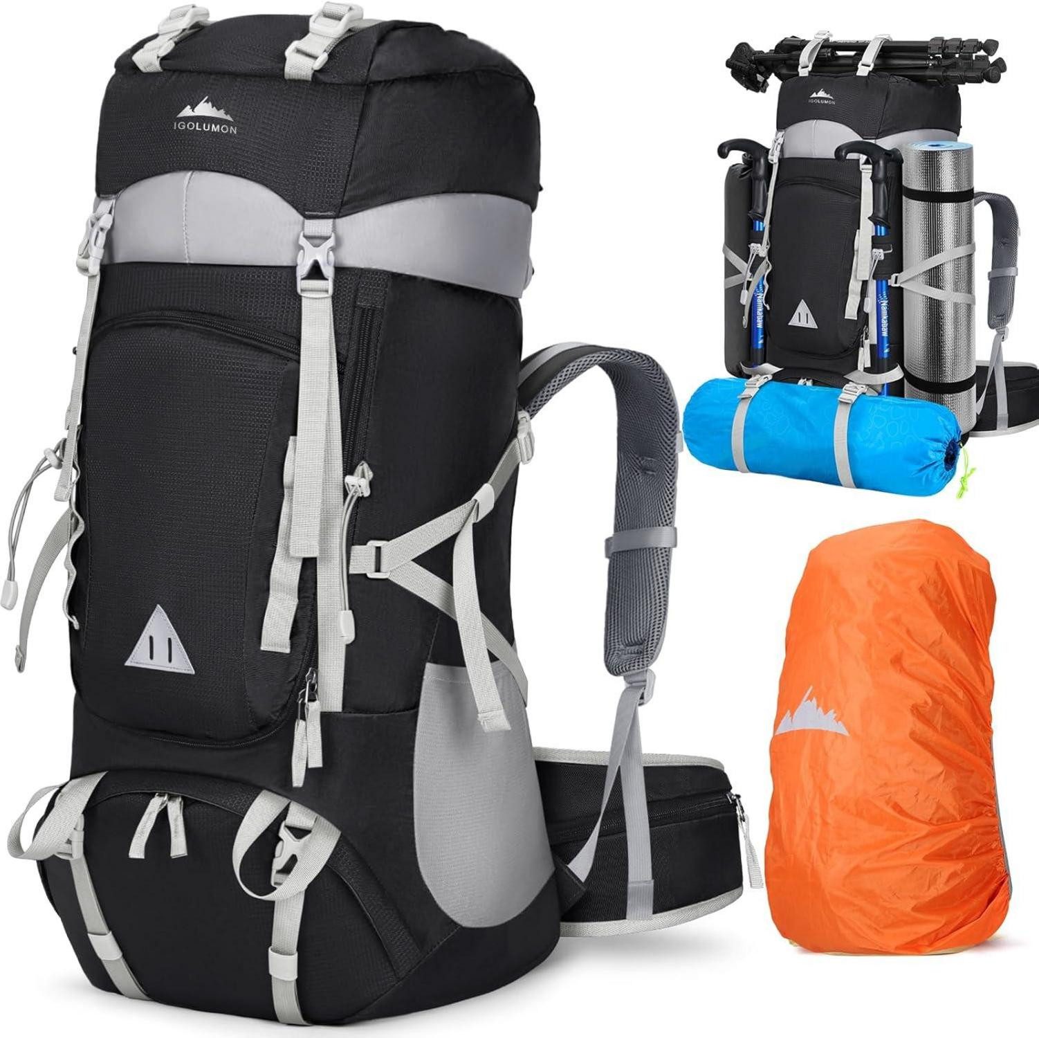Wanderrucksack Wanderrucksack 60L Herren Damen Trekkingrucksack Wasserdicht Schwarz