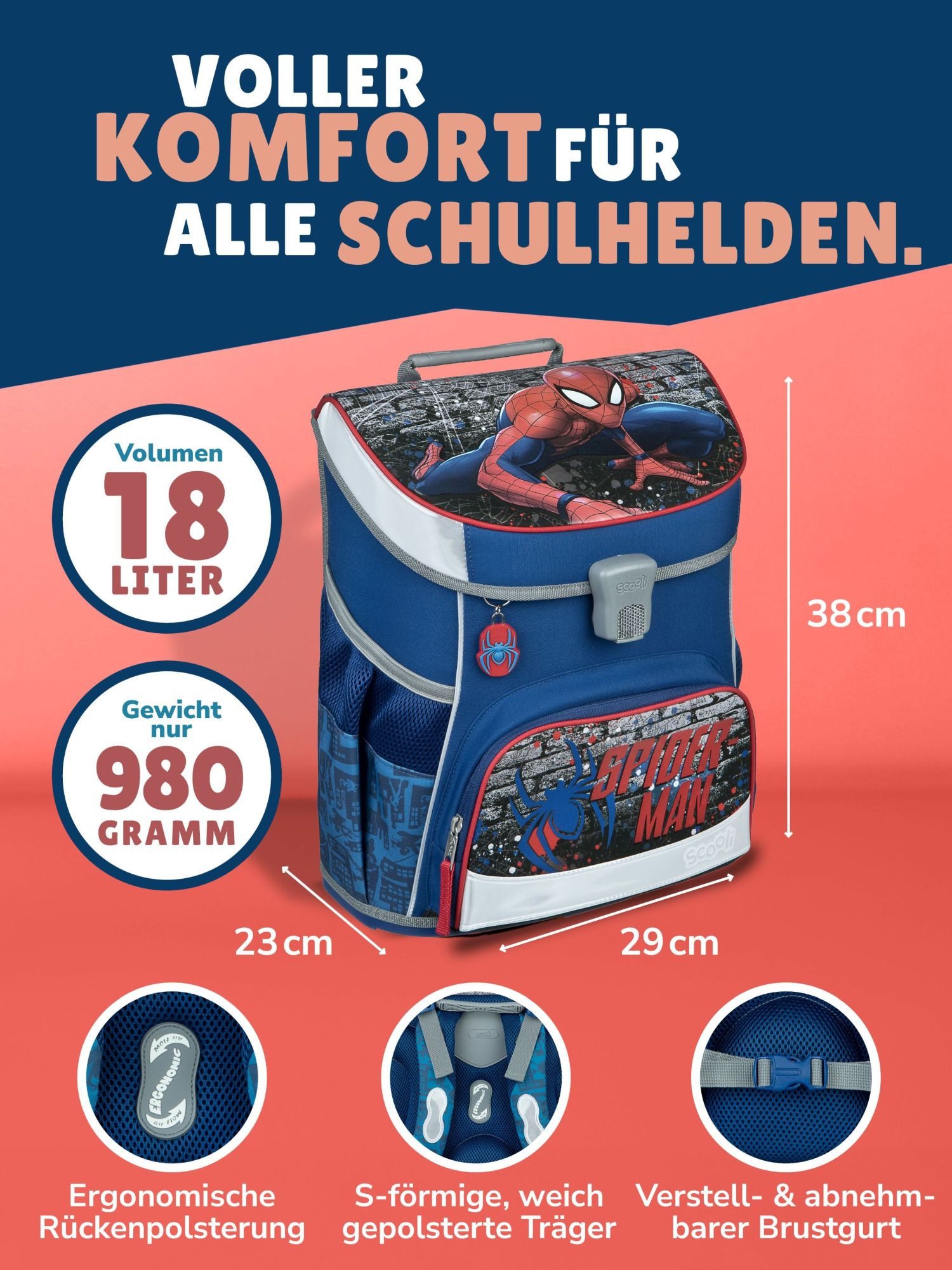 Scooli Schulranzen Campus Fit Spiderman Schultasche ab der 1. Klasse (Grund-Set, 5-tlg., mit gefüllter Federmappe, Turn- & Brustbeutel), mit Brustgurt, 980 Gramm leicht, 18L Volumen