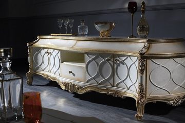 Casa Padrino TV-Schrank Luxus Barock Fernsehschrank Weiß / Antik Gold 242 x 65 x H. 70 cm - Prunkvoller Barock Wohnzimmerschrank mit 4 Türen und 3 Schubladen