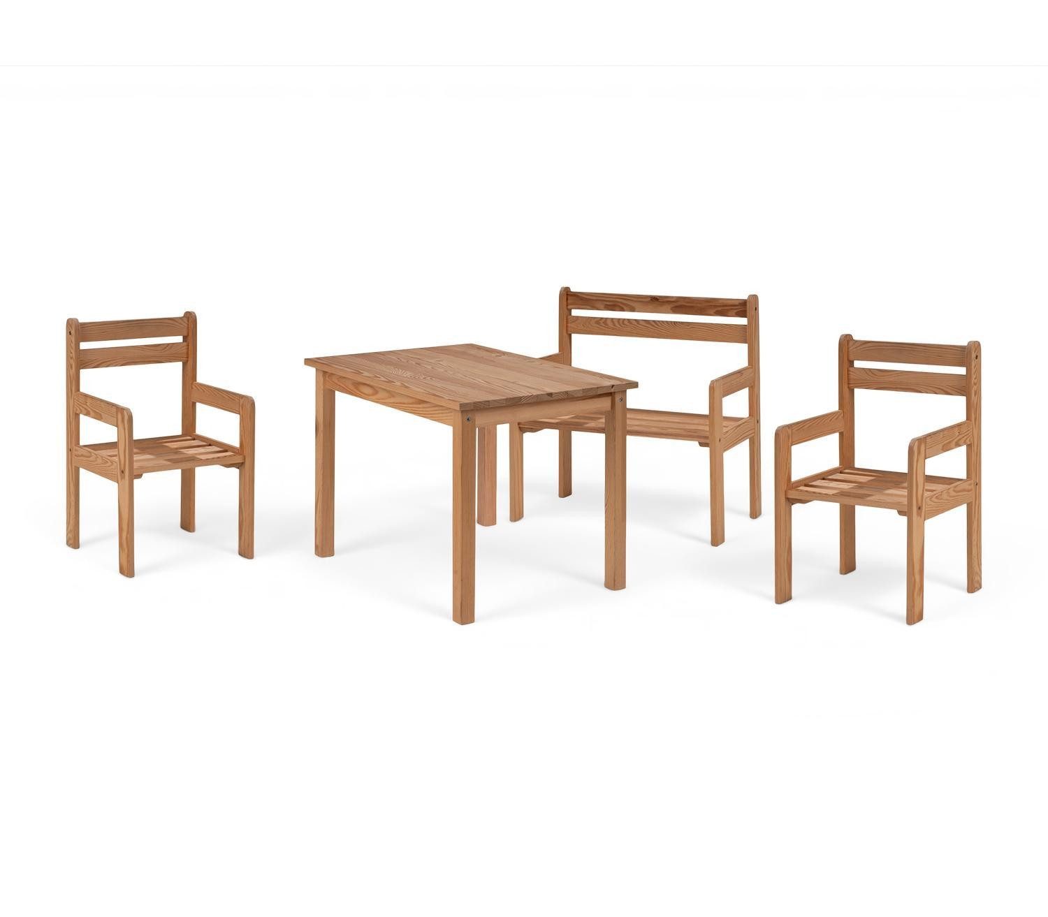 Home4You Kindersitzgruppe 4-teilig, Kiefer, Braun, 1 Tisch, 1 Bank mit Armlehnen, 2 Stühle mit Armlehnen