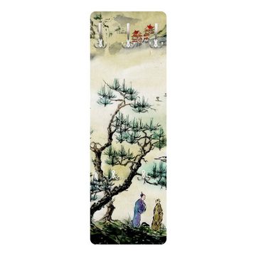 Bilderdepot24 Garderobenpaneel grün Wald Natur Vintage Japanische Aquarell Zeichnung Kiefer Bergdorf (ausgefallenes Flur Wandpaneel mit Garderobenhaken Kleiderhaken hängend), moderne Wandgarderobe - Flurgarderobe im schmalen Hakenpaneel Design