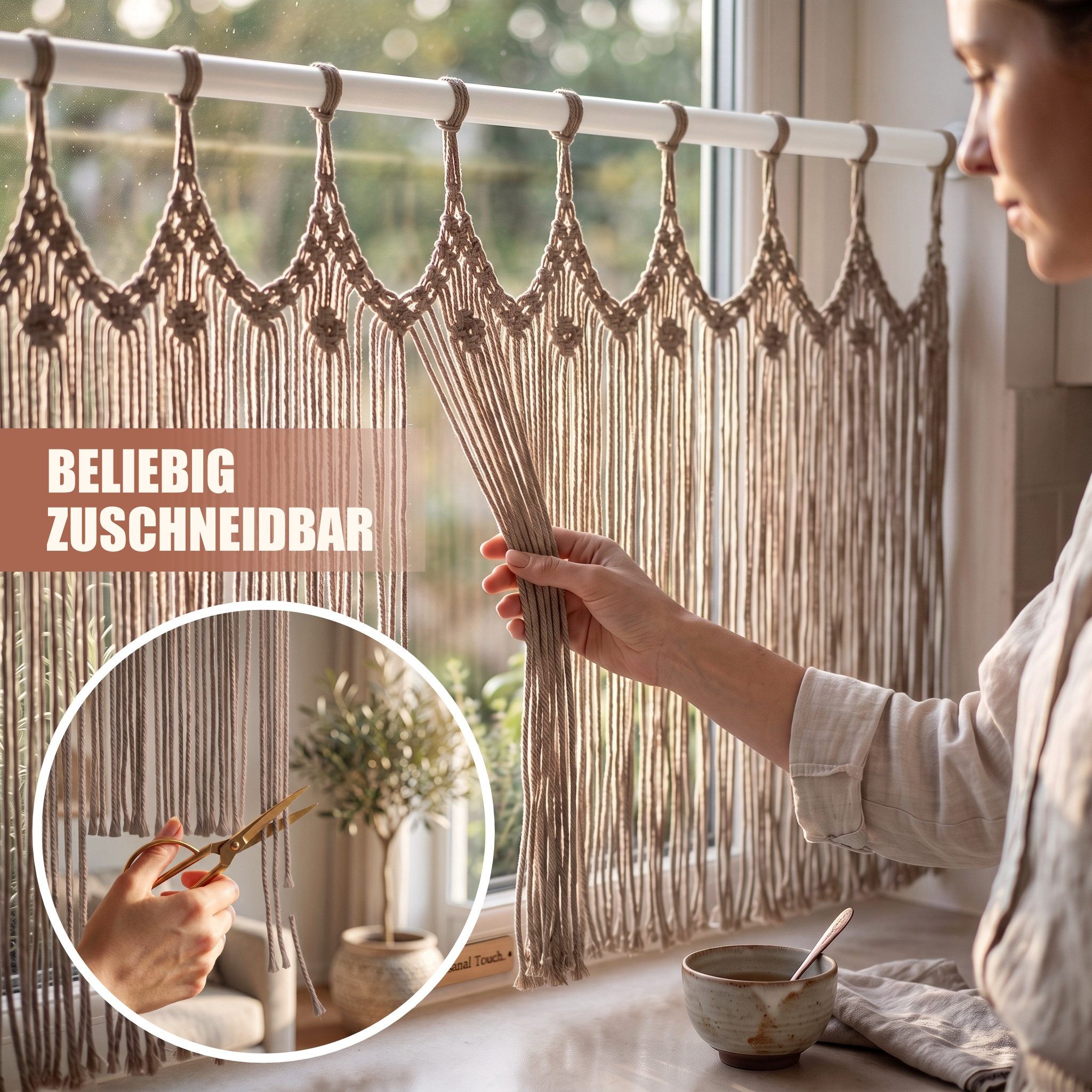 Cozyor Türvorhang Makramee Vorhang Boho 100x200 cm für Tür, Fenster, Balkon & Wohnwagen (1 St), Schlaufen, 100% Baumwolle, mit Vorhangstange zum Klemmen Wandtep – Bild 4 von 5