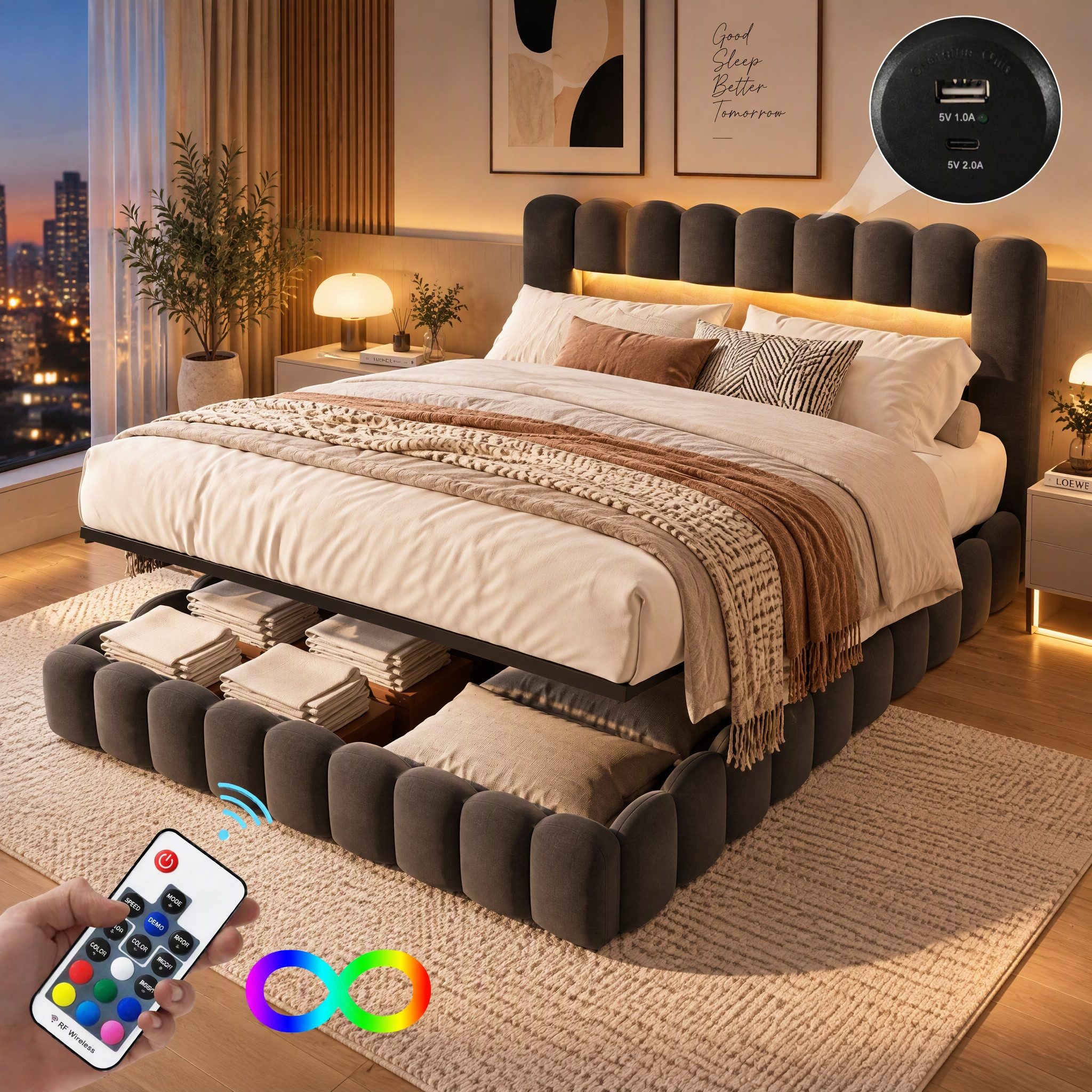 Gdood Polsterbett Stauraumbett Doppelbett LED (Type-C + USB, Hydraulisch hebbarer Stauraum), Mit Bettkasten, LED-Beleuchtung, USB-Anschluss, 180x200 cm