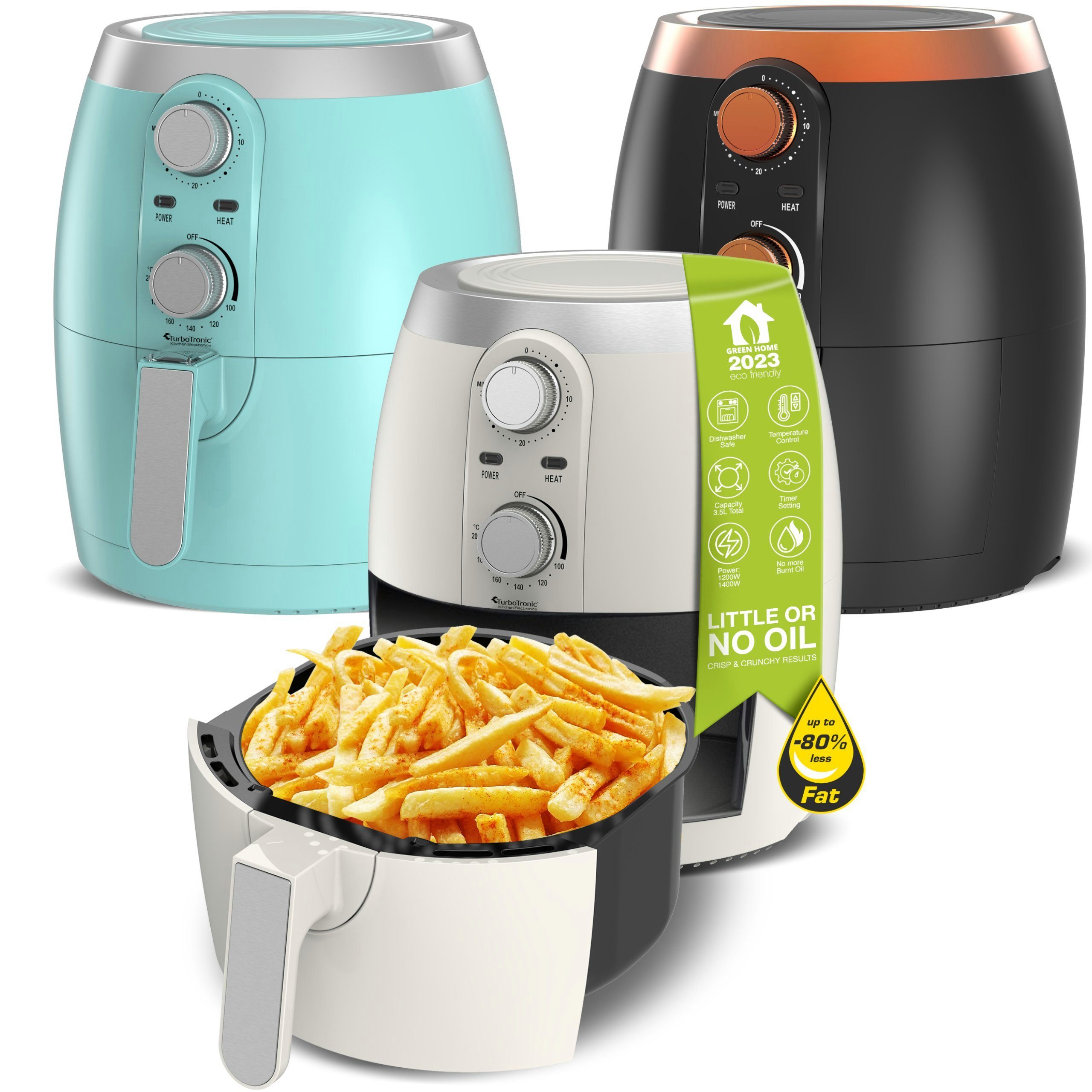 TurboTronic by Z-Line Heißluftfritteuse 3,5 Liter, stufenlose Fritteuse Fettfrei ohne Öl, 50°C - 200°C Power, 1200 W, Camping Retro Airfryer AF10M