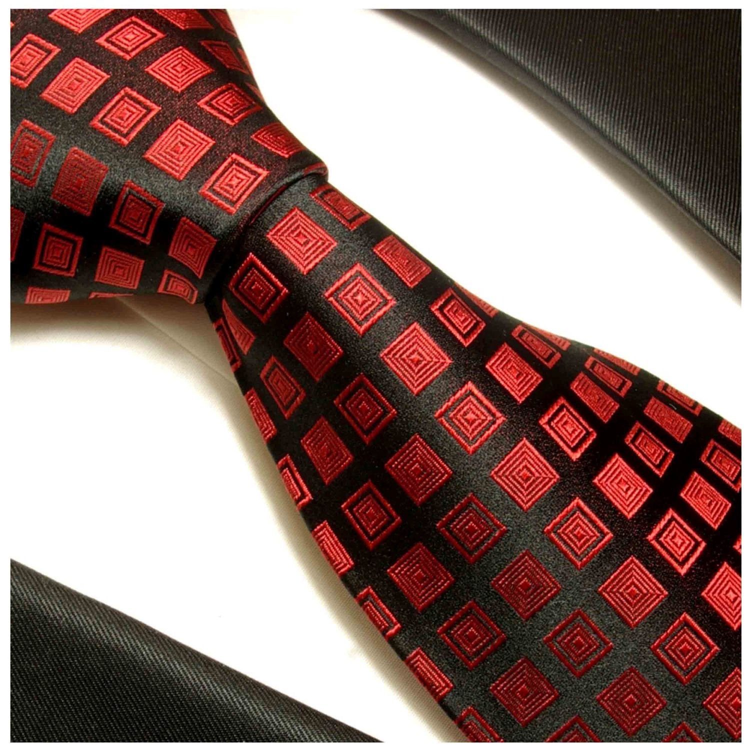 Tuch Herren Krawatte mit Seidenkrawatte Einstecktuch) und 764 Schlips Breit rot (8cm), 2-St., 100% modern Krawatte Seide kariert Paul (Set, Malone schwarz