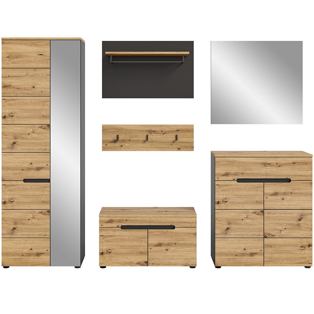 Lomadox Garderoben-Set CORTONA-158, (Spar-Set, 5-St., Garderobenschrank Garderobenpaneel Flurbank Schuhkommode Spiegel), Garderobenmöbel Flurmöbel Flurschrank modern in Eiche mit grau