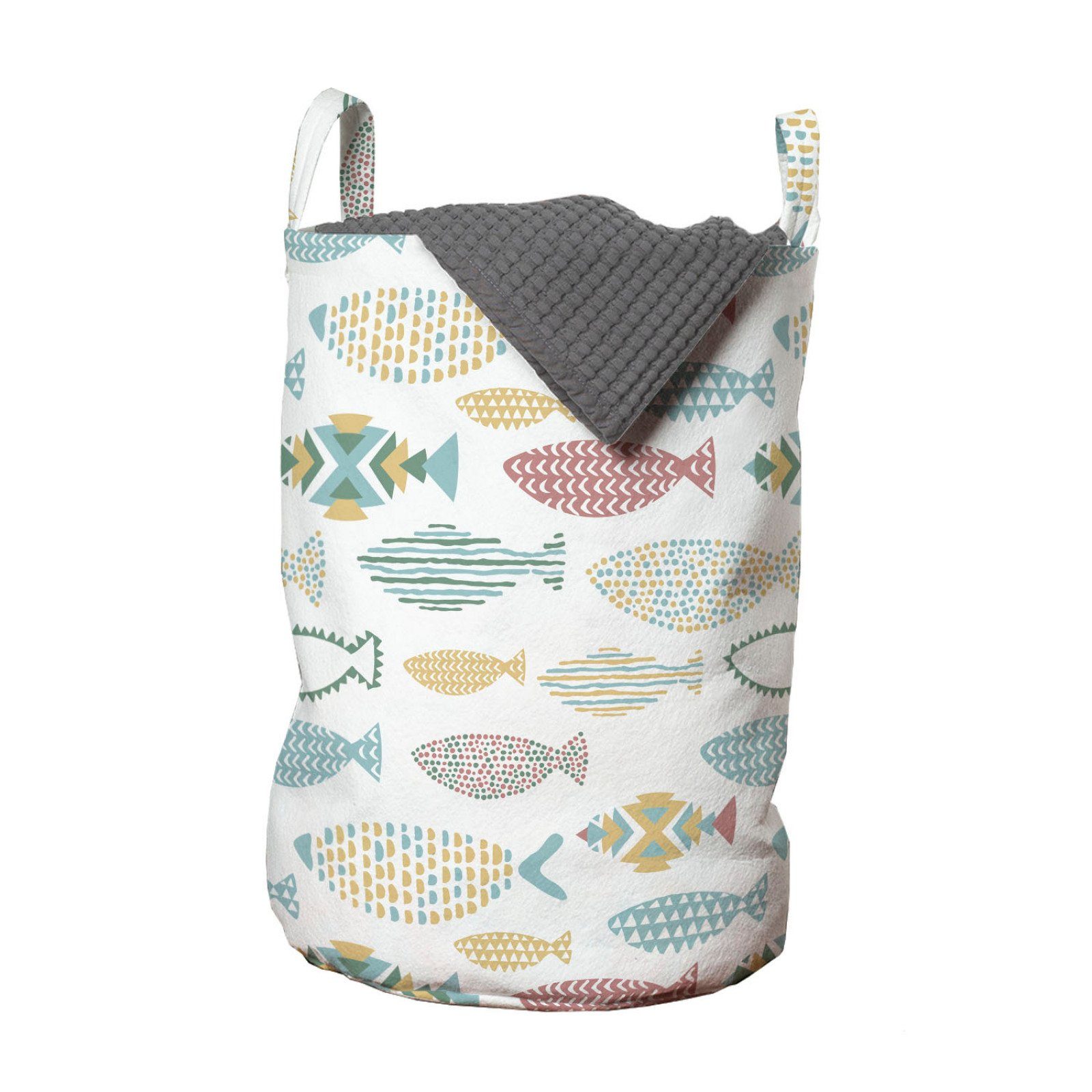 Abakuhaus Wäschesäckchen Wäschekorb mit Griffen Kordelzugverschluss für Waschsalons, Fisch Geometrisches Stil Sea Creatures