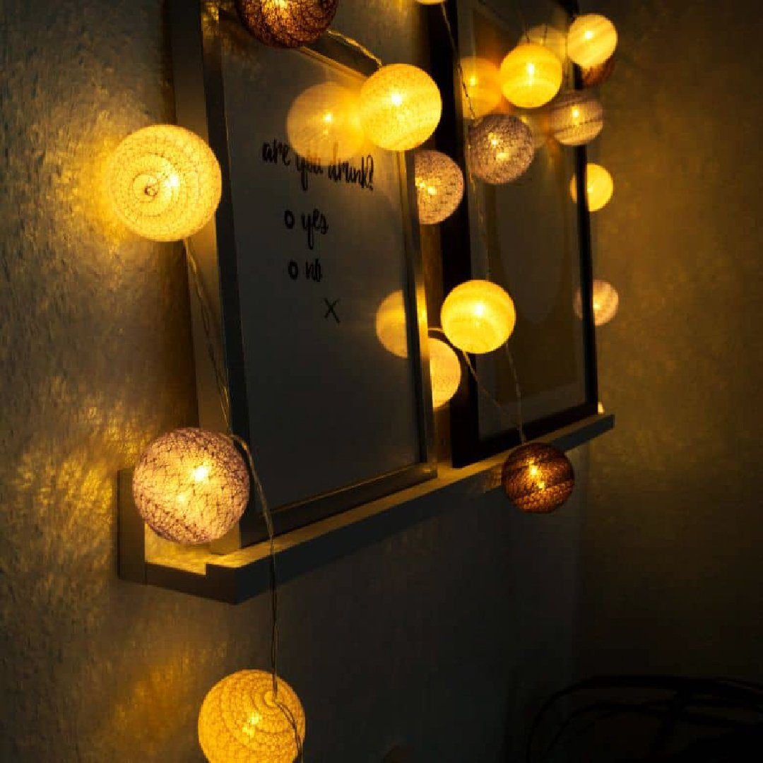 Lichterkette Gold Silber 20-flammig, Kugeln aus LED-Lichterkette LED Farbton Gelb K&L Baumwolle, Kinderzimmer Wall 20 Deko Art Cotton Ball