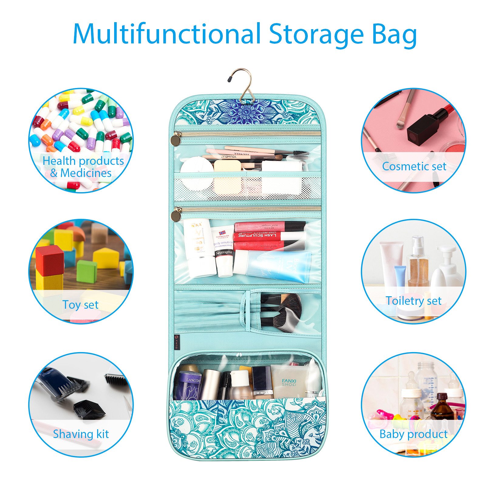 Fintie Kulturbeutel Tragbare Kulturtasche Kosmetiktasche Reisetasche, Große wasserdichte, Aufhängen Make-up Organizer Stauraum Tasche für Damen Mädchen – Bild 4 von 5