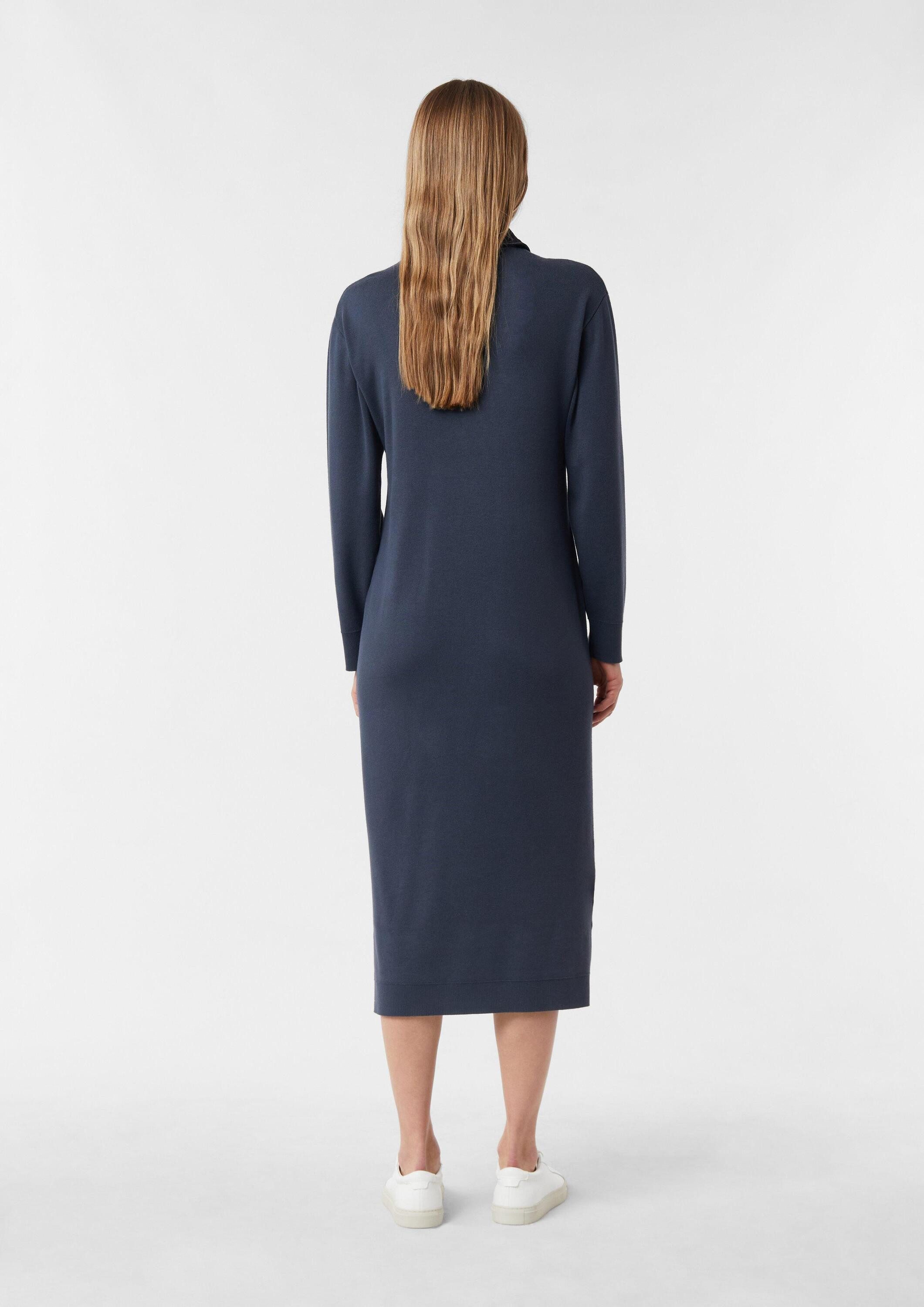 comma Midikleid Kleid Strickkleid mit Denim-Polokragen und überschnittenen Schultern