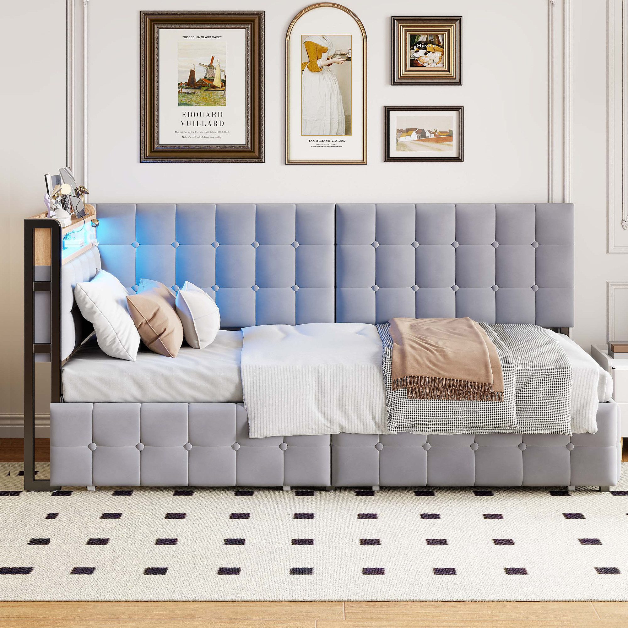 Odikalo Schlafsofa Daybett Stauraumbett Polsterbett USB Schubladen 90x200cm Grau/Beige – Bild 2 von 5