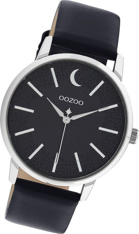 OOZOO Quarzuhr Oozoo Damen Armbanduhr Timepieces, Damenuhr Lederarmband  blau, rundes Gehäuse, groß (ca. 40mm)