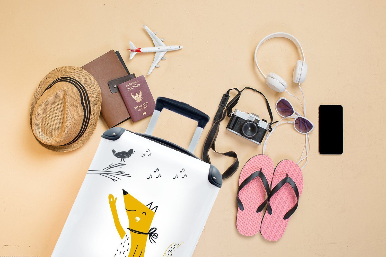 MuchoWow Handgepäckkoffer einem Handgepäck Kinder für mit einem Reisetasche Ferien, und 4 Trolley, Illustration Rollen, Fuchs mit singenden Vogel auf, Reisekoffer rollen