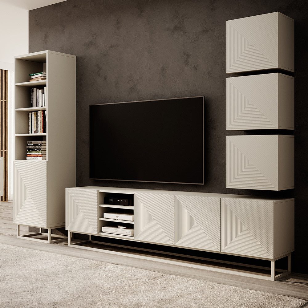 Lomadox Wohnzimmer-Set ADARE-141, (Mega-Spar-Set, 5-St., Hängeschränke Lowboard Regal), in kaschmir mit gerillter Front und Metallgestell, Push-to-Open