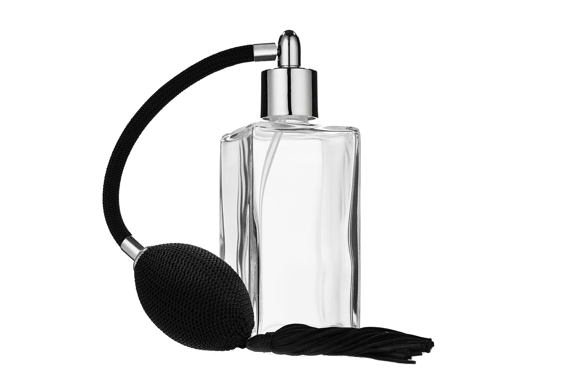 Parfümzerstäuber Tischzerstäuber, Glas eckig, mit Ballpumpe, schwarz-chromfarben
