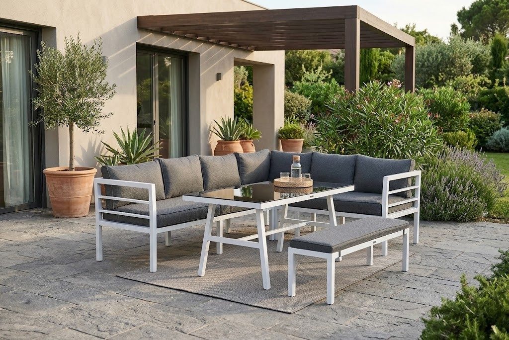 Garden Impressions Gartenlounge-Set Blakes rechts weiß Dining Eck Lounge Set, (Spar-Set, 3-tlg., Eckelement + Tisch + Bank + Kissen), wetterfest / Alu / pflegeleicht / 120kg Tragkraft pro Sitzplatz