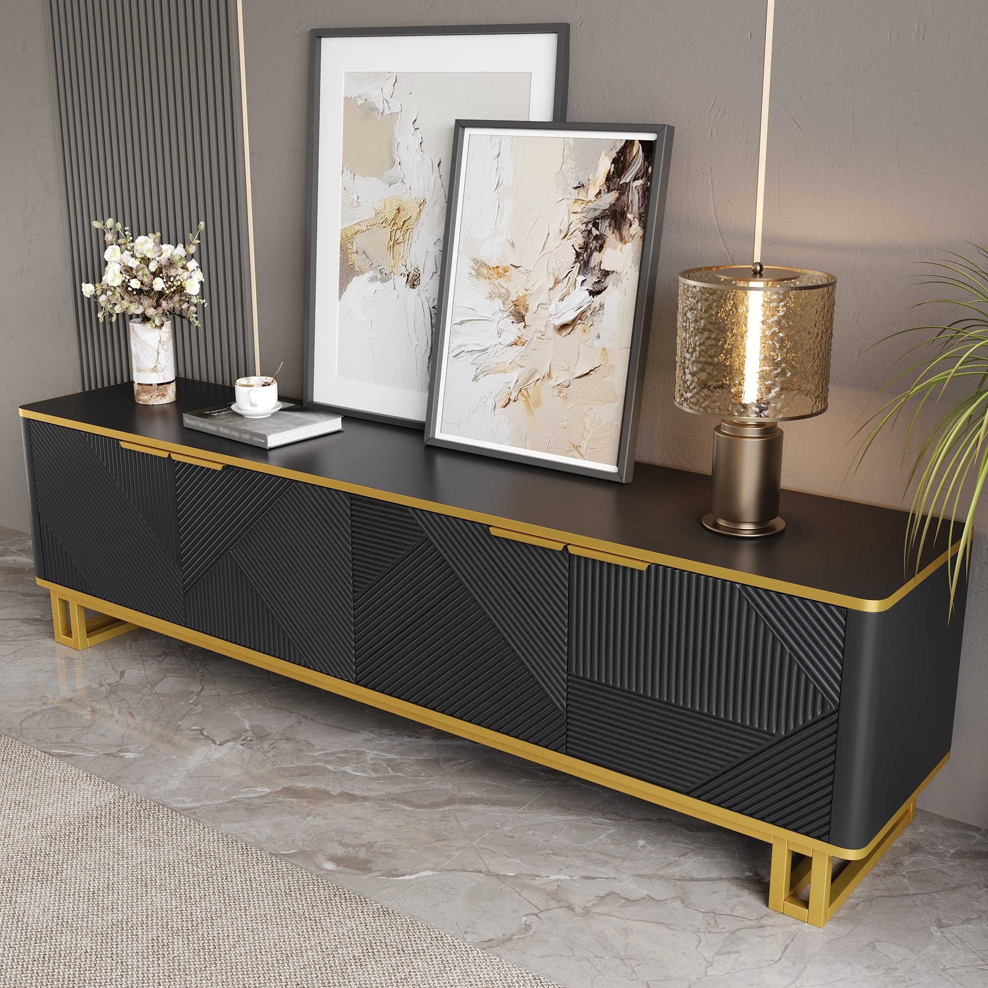 Merax Lowboard in Weiß und Gold, TV-Board mit vier Türen und Stauraum (1 St., 160 x 37,5 x 48 cm), TV-Schrank mit geometrischer 3D-Front, Kabelmanagement, Metal – Bild 4 von 5