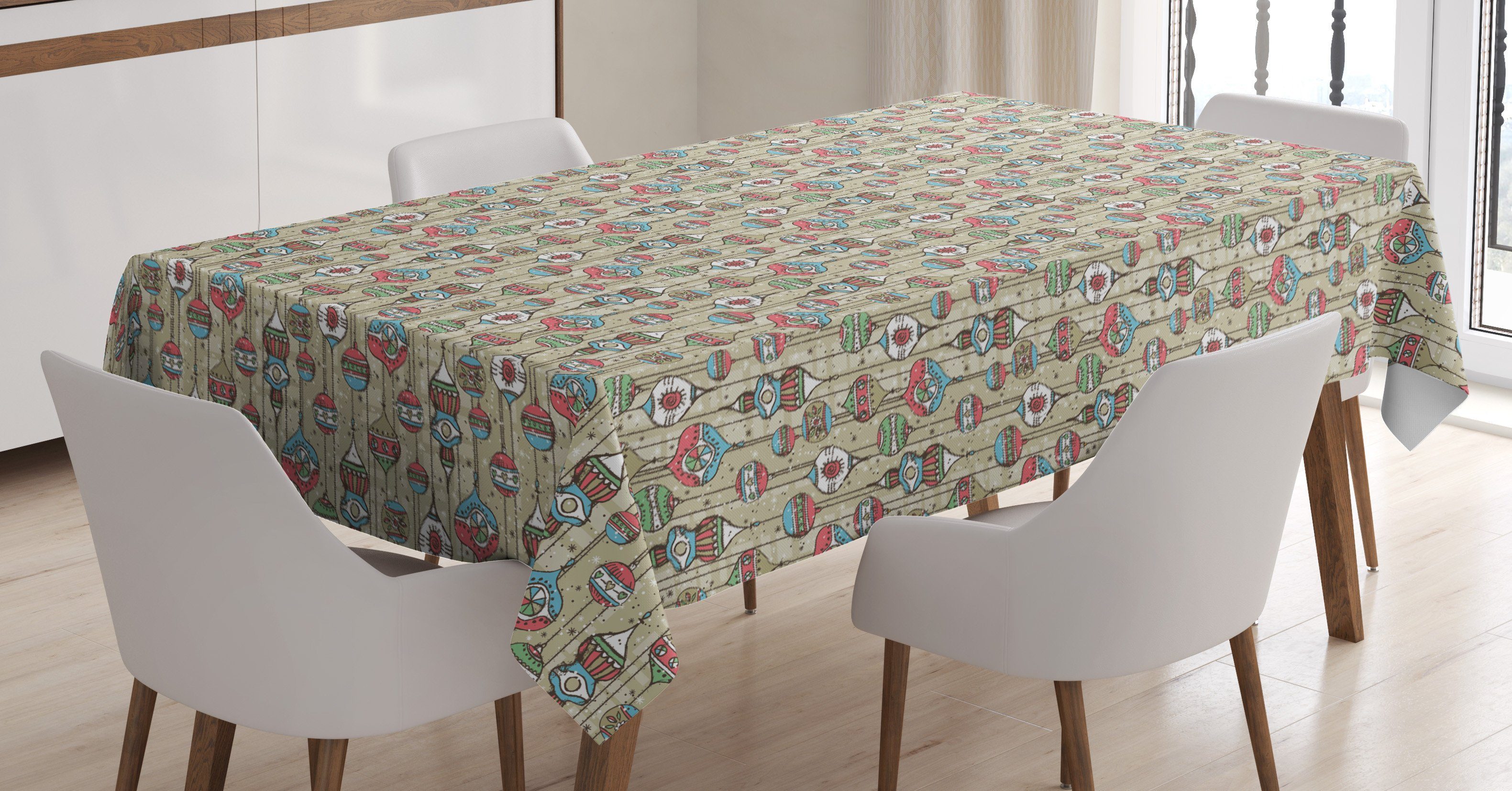 Für Bereich Farbfest Tischdecke Außen den Klare Farben, Abakuhaus Weihnachtsbaum Ornament-Muster Waschbar geeignet