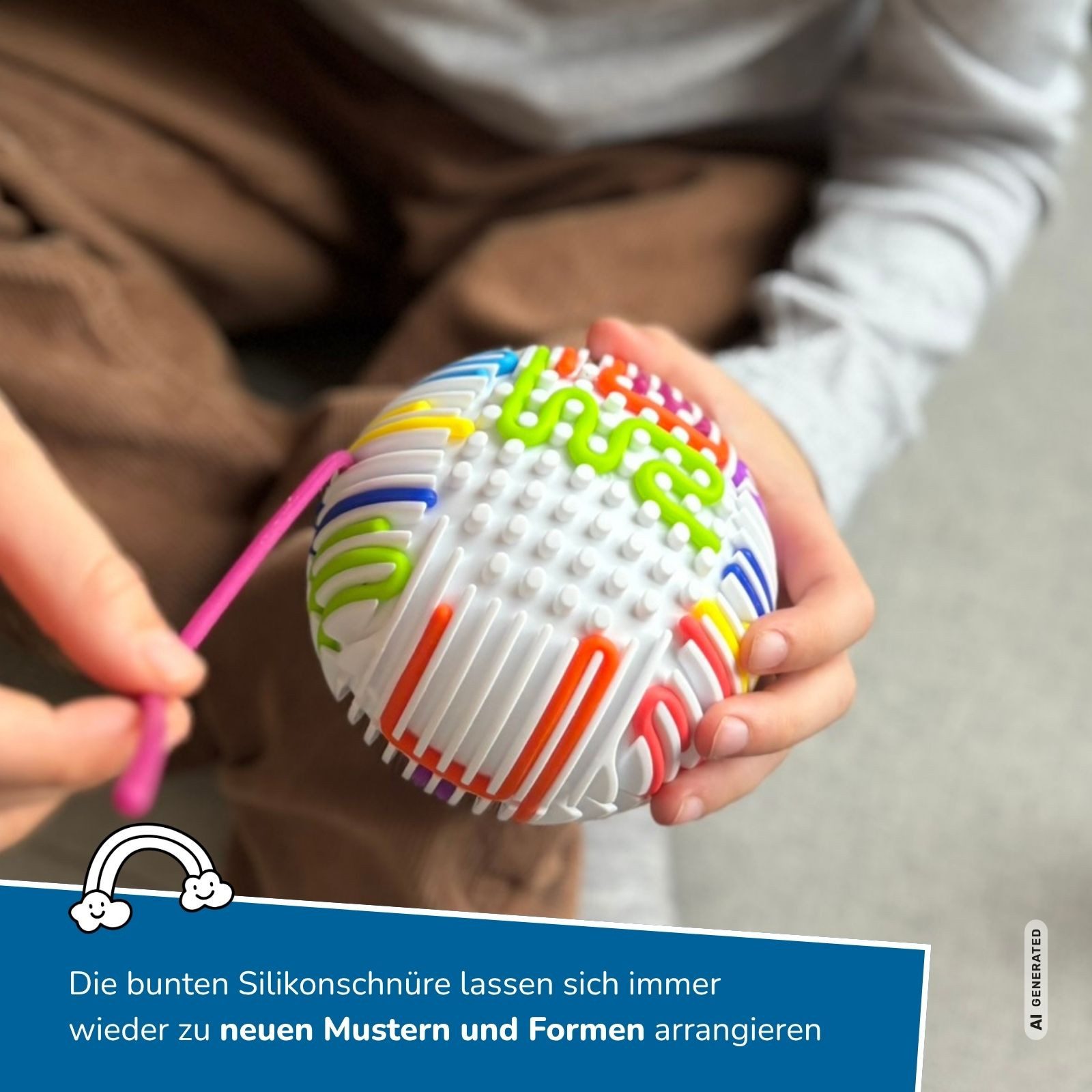 alldoro Fidget-Gadget Fidget Sensorik-Ball m.16 bunten Silikon-Schnüren für kreative Muster, sensorisches Anti-Stress Spielzeug für Kinder, für zuhause & Unterwegs