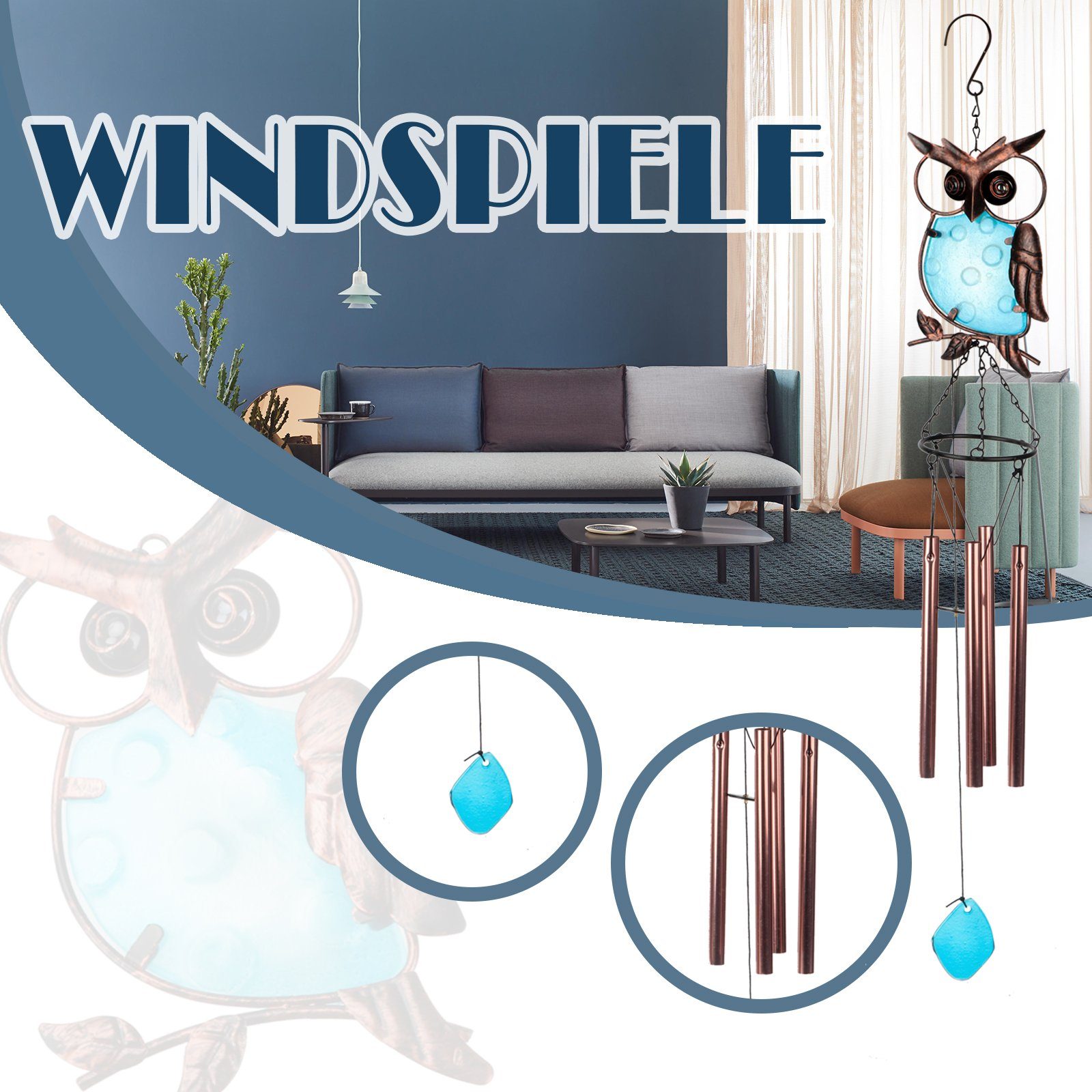 für Eule-Windspiel Garten,Musikalischer Windspiel,Metall+Glas Windspiel BIGTREE Windspiel
