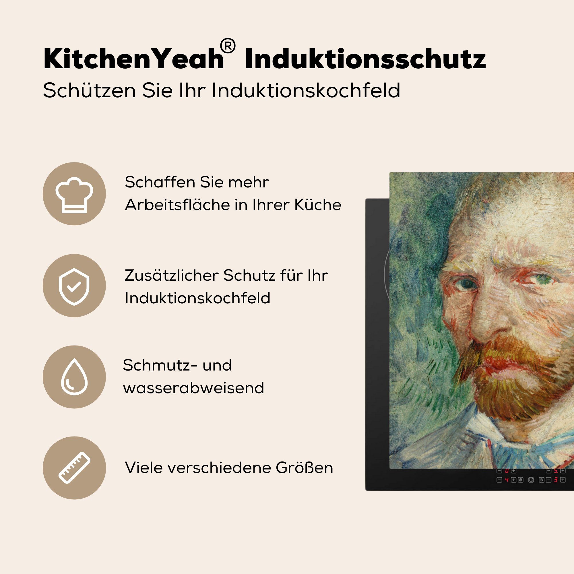 MuchoWow tlg), für Arbeitsplatte Gogh, Selbstporträt cm, (1 Vincent küche Ceranfeldabdeckung, 78x78 - Herdblende-/Abdeckplatte van Vinyl,