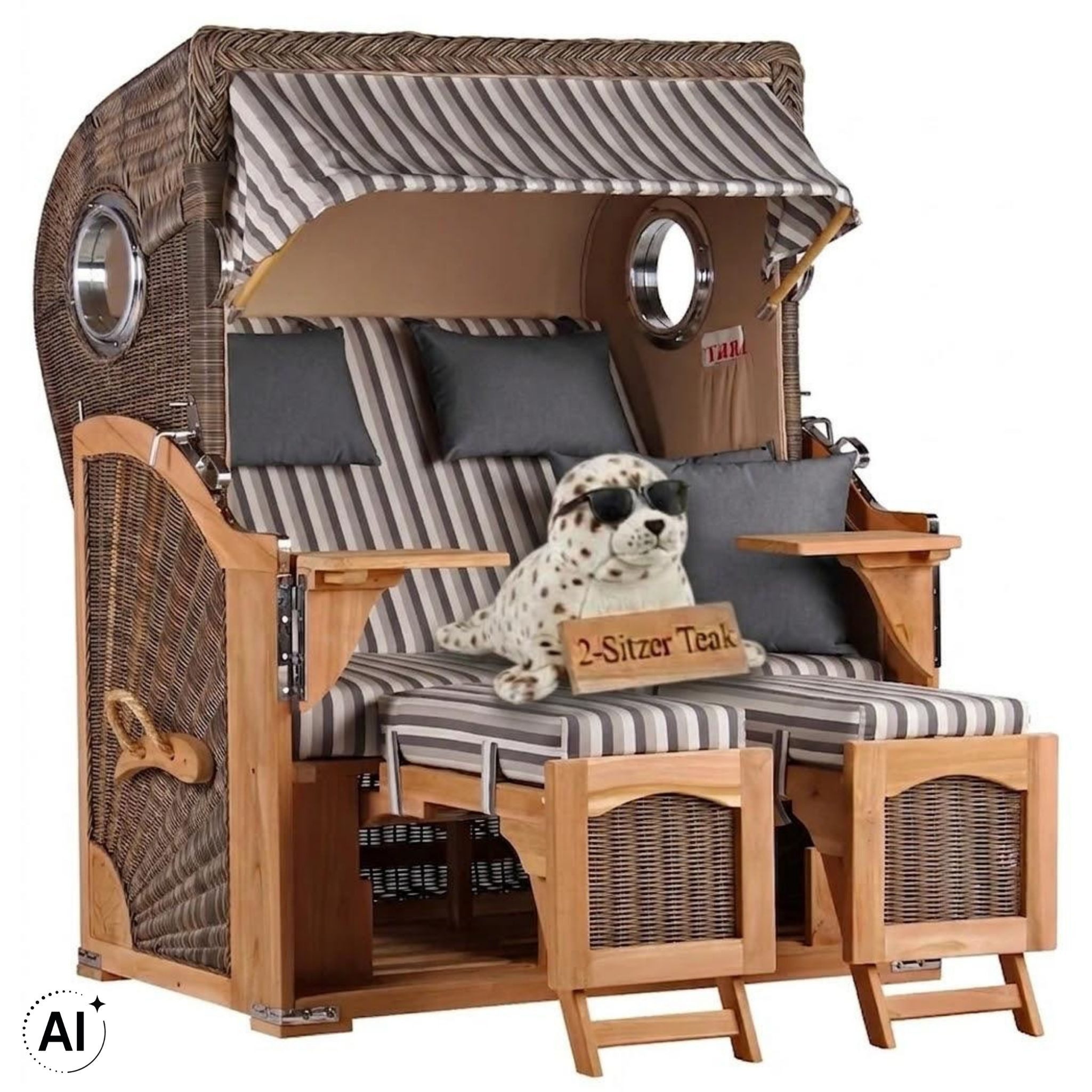 MR.DEKO Strandkorb Düne 2-Sitzer Teak Bullauge wetterfest PE-Geflecht grey, BxTxH: 125x80x170 cm, Düne, Düne, (Fertig montierter Strandkorb für Garten, Terrasse & Balkon), Wetterfester Volllieger mit Edelstahlbeschlägen & waschbaren Polstern