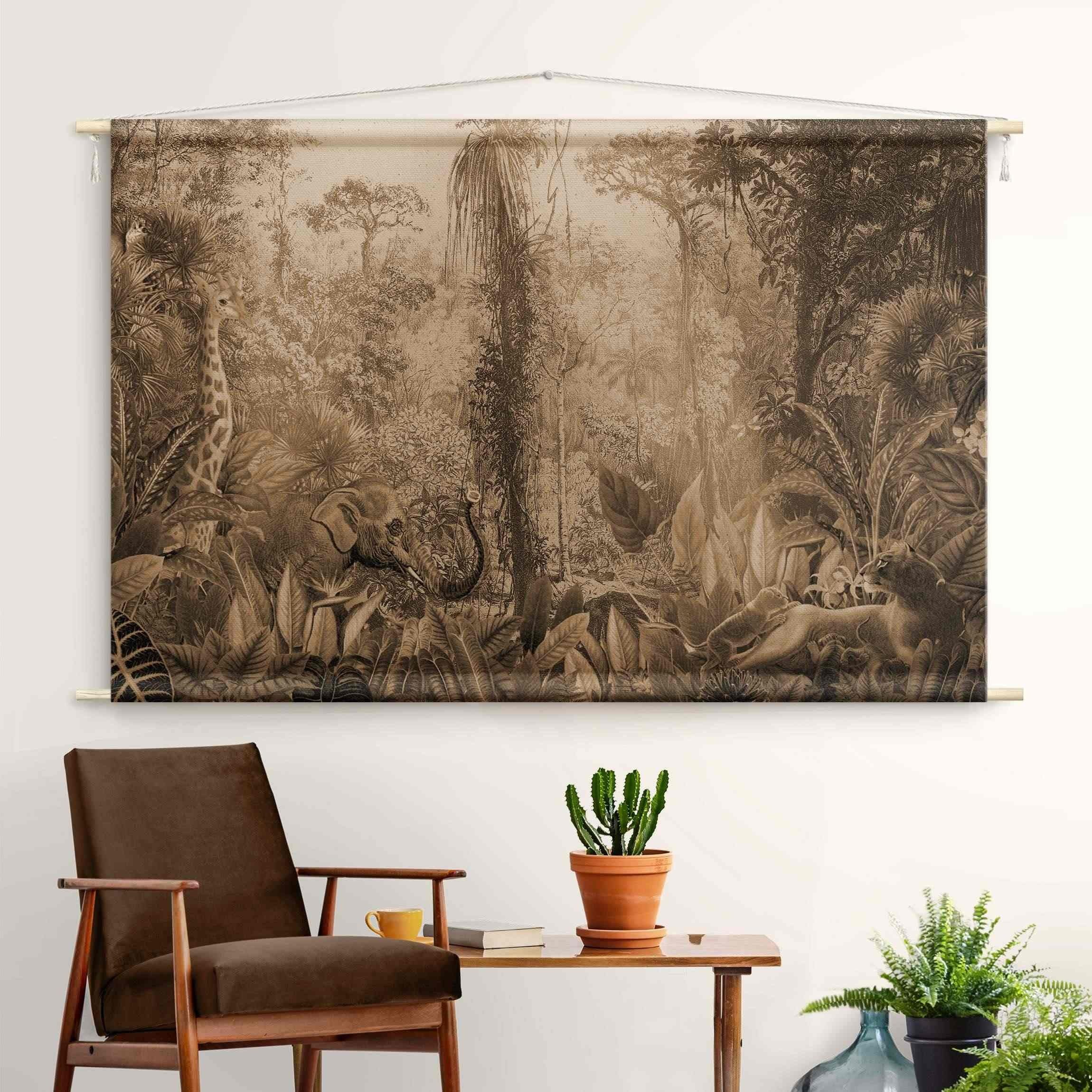 Bilderdepot24 Wandteppich modern Wald Dschungel Natur Vintage Tiere Elefant braun, rechteckig, Höhe: 2.6 mm, großes Wandbild aus Natur-Baumwolle Wandbehang Stoffbild Tuch Wollseil