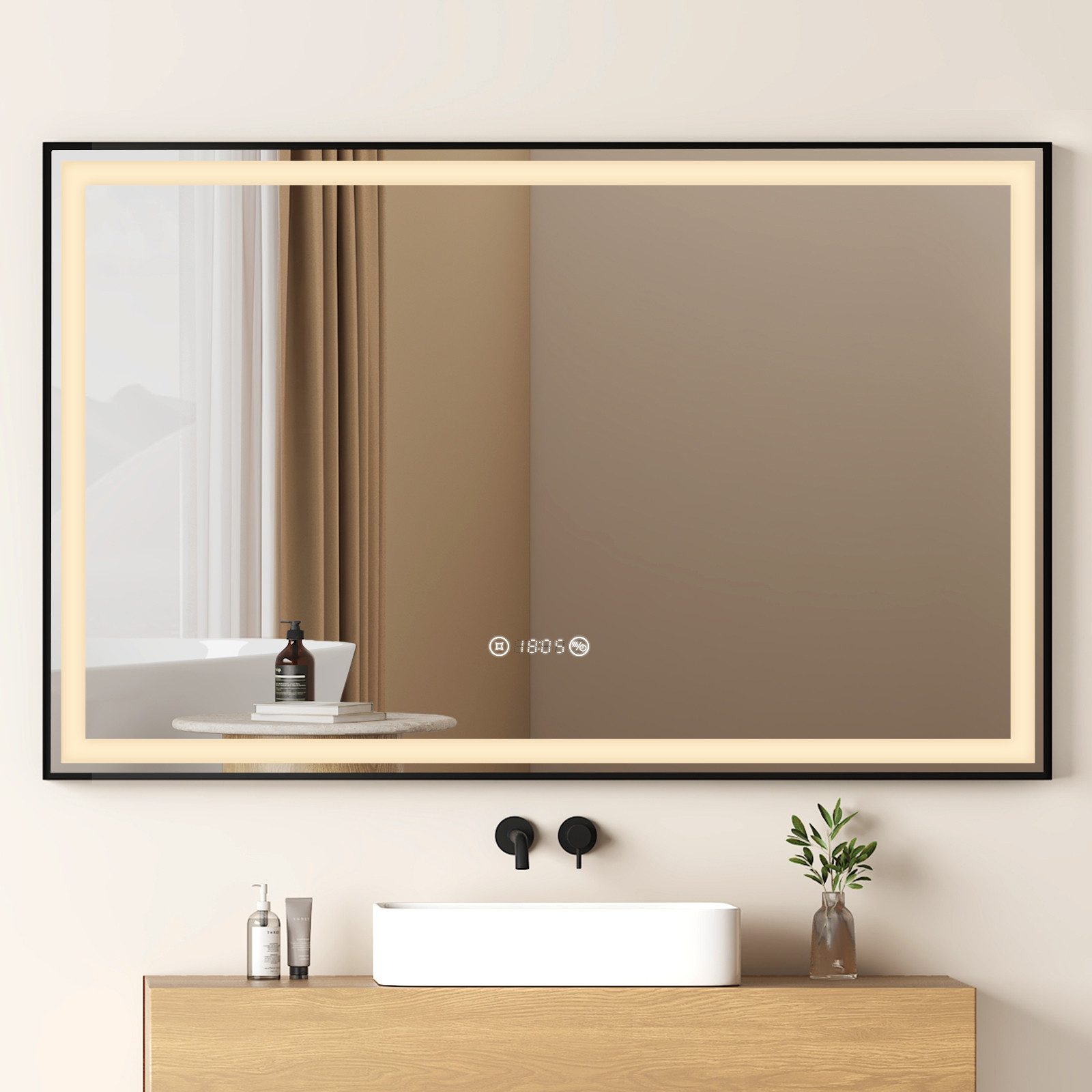 EMKE Зеркало для ванной комнаты LED Beleuchtung mit Zeit, Temperatur, Anti-Beschlag, dimmbarem Licht, mit Aluminiumrahmen, 80X60cm