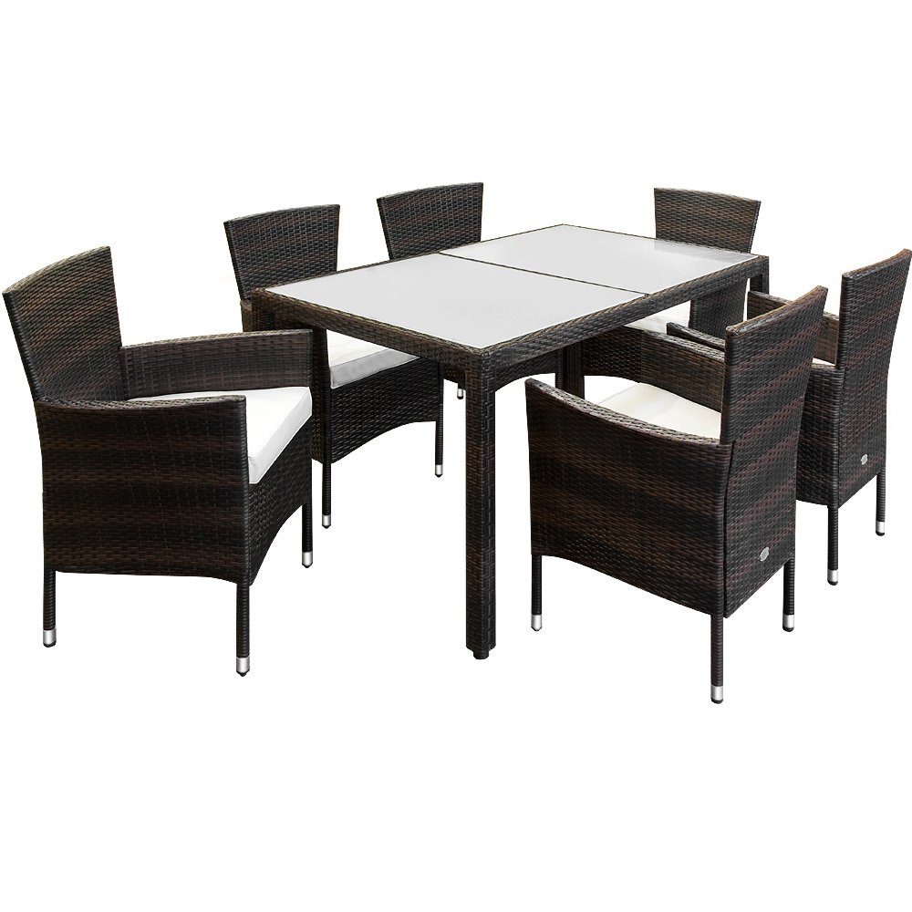 Casaria Sitzgruppe 6+1, Polyrattan 150x90cm 6 7cm Stühle Auflagen stapelbare Gartentisch