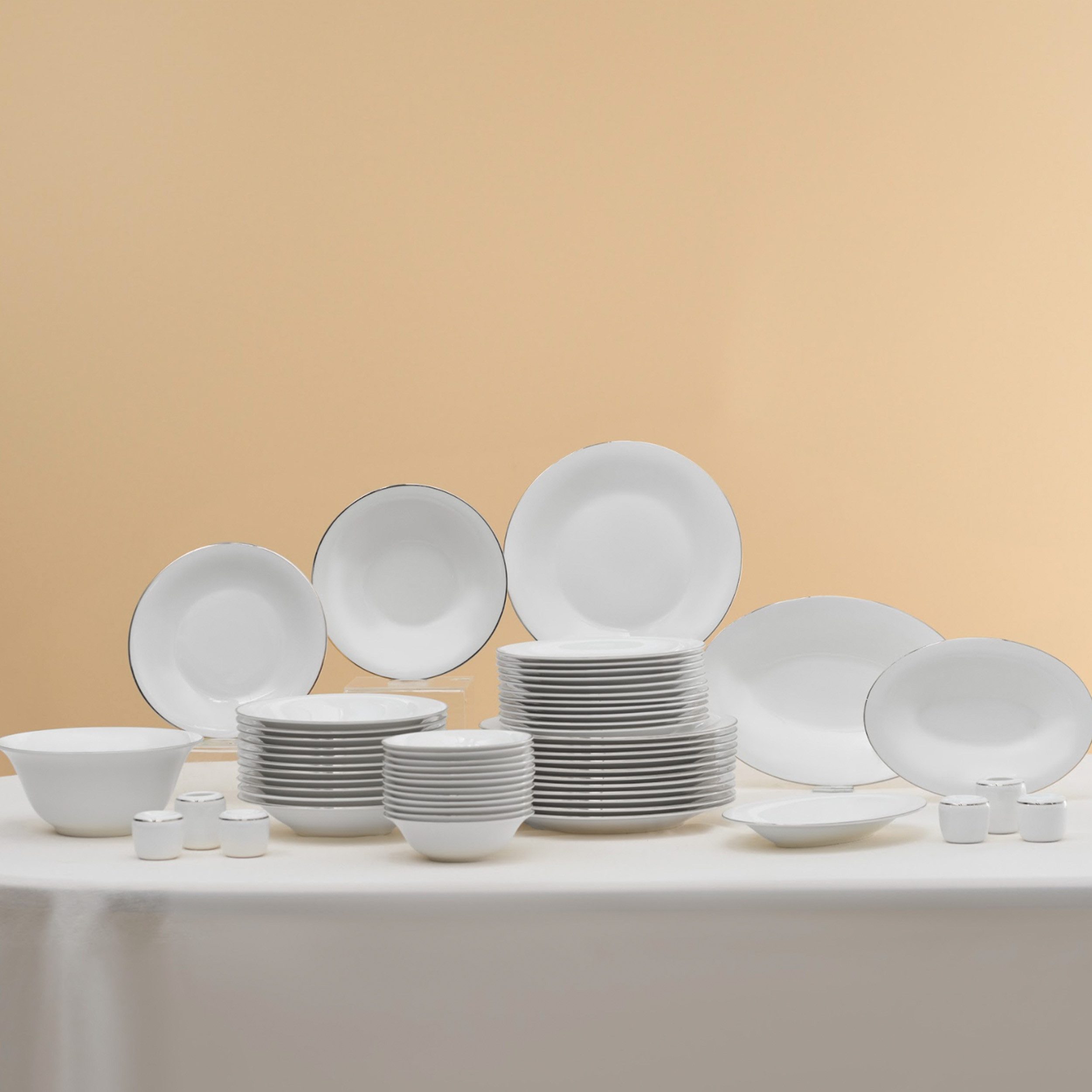 Karaca Geschirr-Set Karaca Fine Pearl Fame 58-teiliges Geschirrset für 12 Personen Platin, Geschirrset Fine Pearl Tafelservice Tellerset Spülmaschinenfest