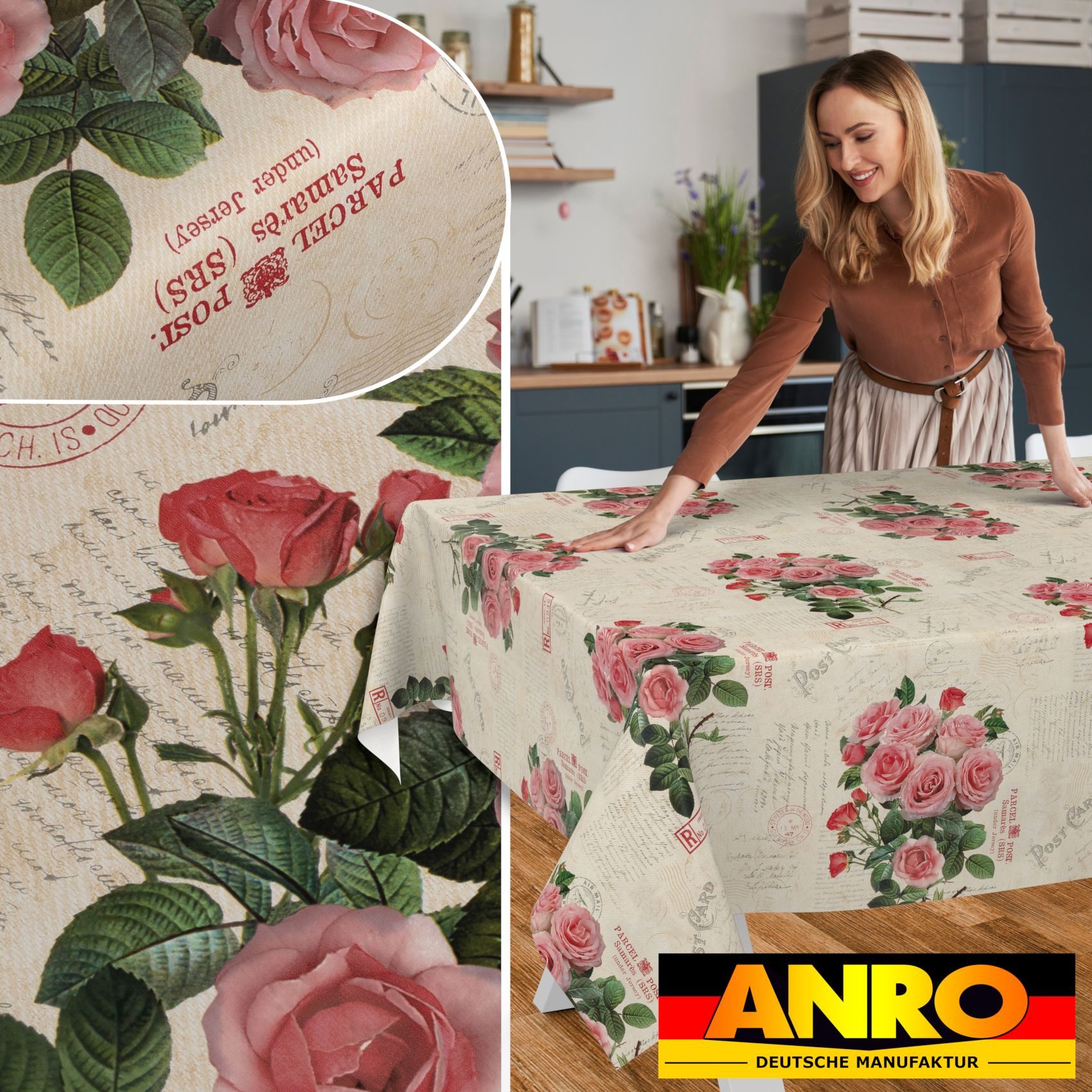 ANRO Tischdecke Wachstuch abwaschbar Postkarte Rosen Tischwäsche (Einzelstück 1-tlg), wasserabweisend pflegeleicht Shabby Chic Beige 100x140cm – Bild 5 von 5