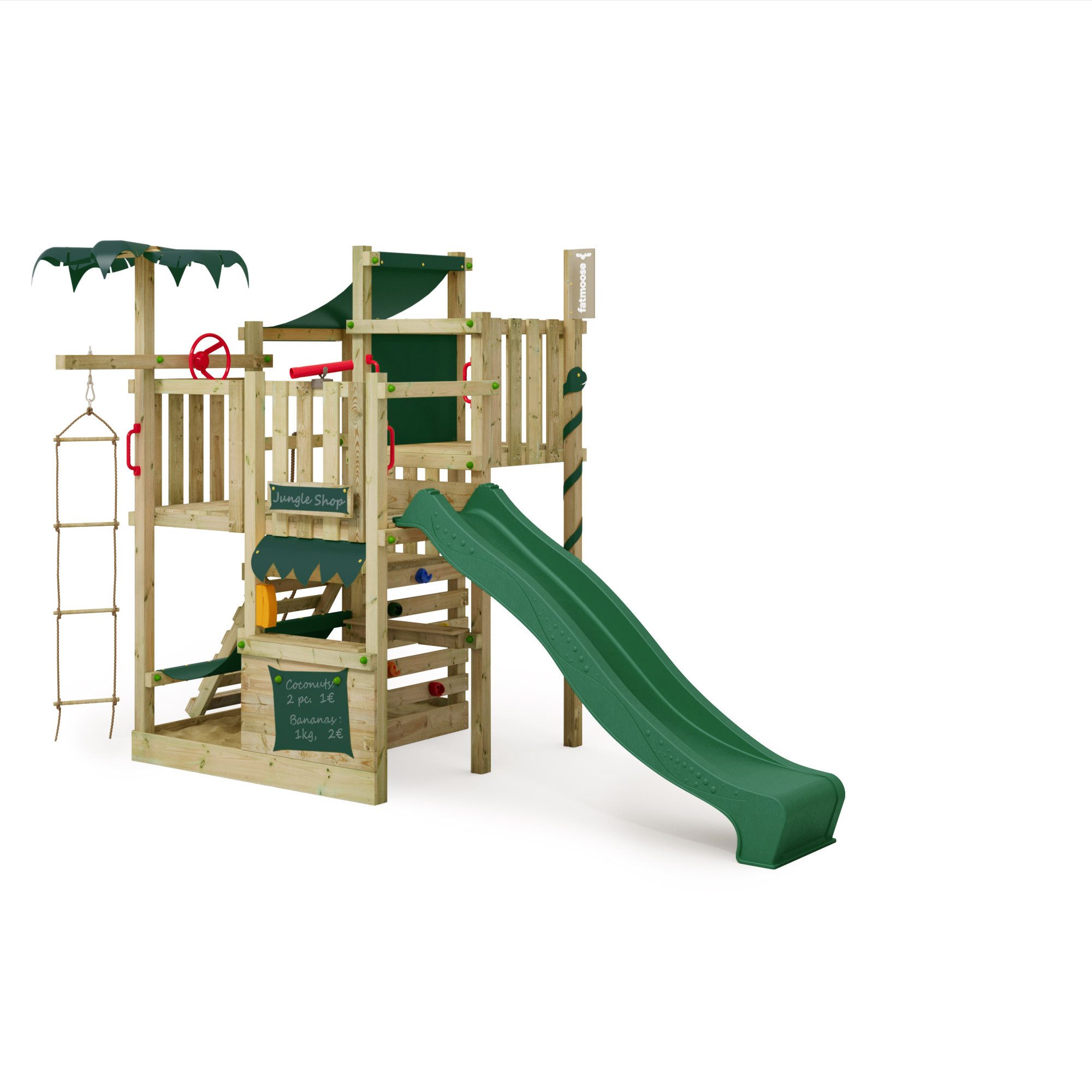 FATMOOSE Klettergerüst CrazyCoconut Club XXL – Strandhaus mit Wellenrutsche & Sandkasten, (Beach-Kletterturm mit Ladentheke, Kletterseil, Strickleiter, Kletterwand, Teleskop & Telefon), extrem witterungsbeständig mit 10 Jahren Garantie*