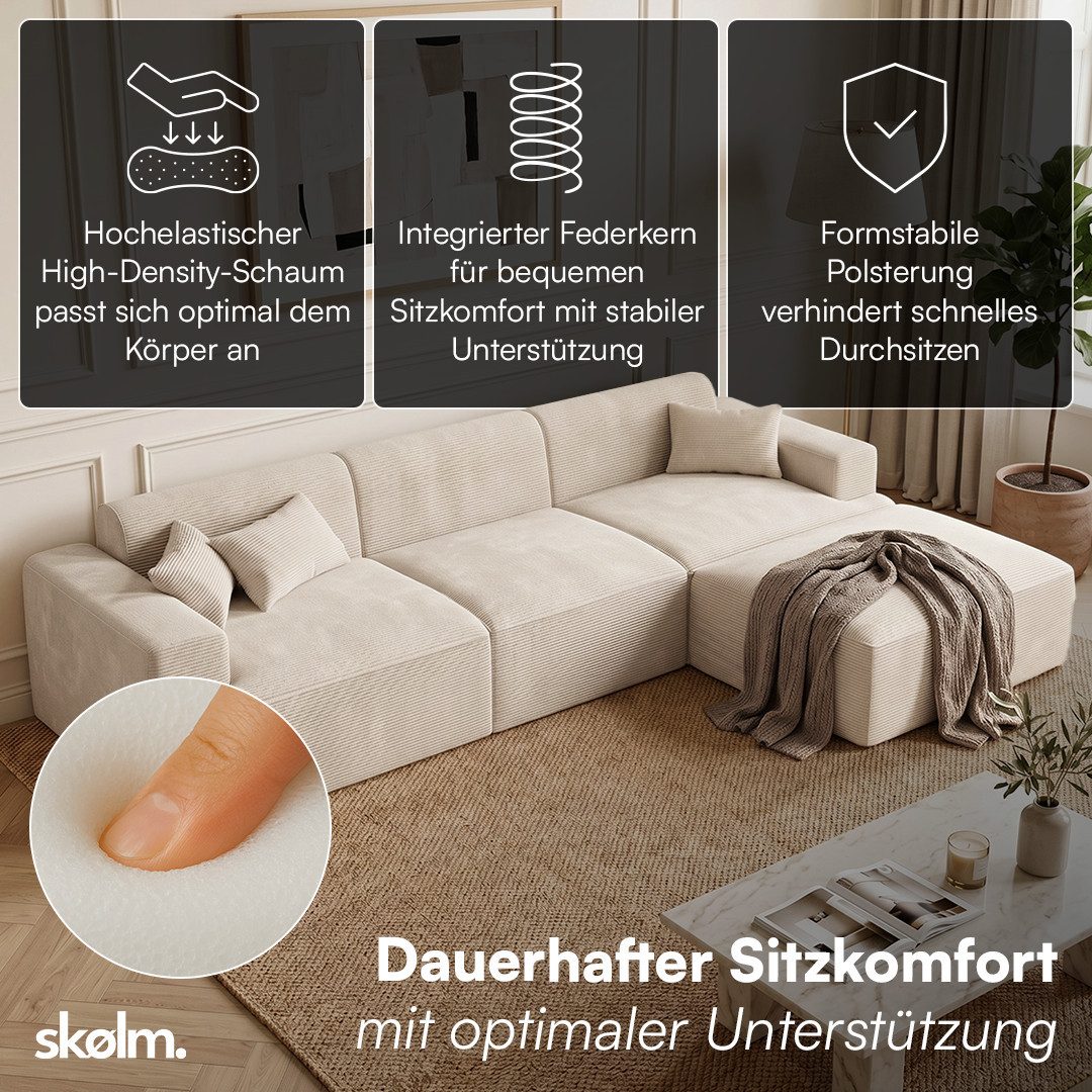 skølm Sofa Freki aus Cord, Vollschaumcouch mit Federkern und Vakuum-Kompression, Beige, Couch 3 Sitzer mit Hocker und 3 Kissen, kein Aufbau erforderlich, 319 cm breit, gepolstert, vakuumiert
